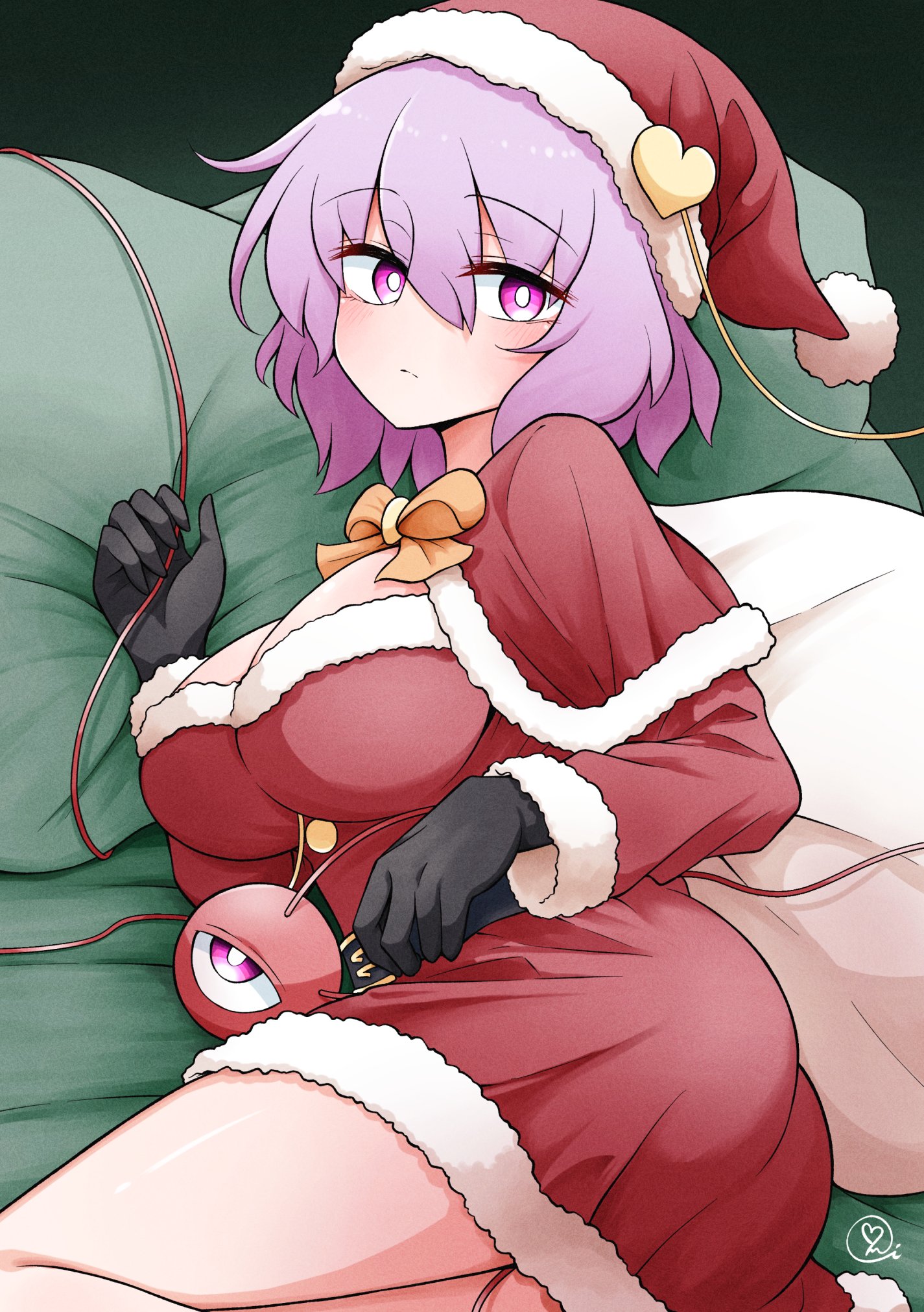 :|, 1girls, ass, bed, big breasts, black gloves, blush, breasts, christmas outfit, cleavage, expressionless, female, gloves, laying on bed, laying on side, light skin, light-skinned female, pillow, pink hair, pink nipples, santa costume, santa hat, satori komeiji, scavia10, solo, solo female, thighs, third eye (touhou), touhou, watermark