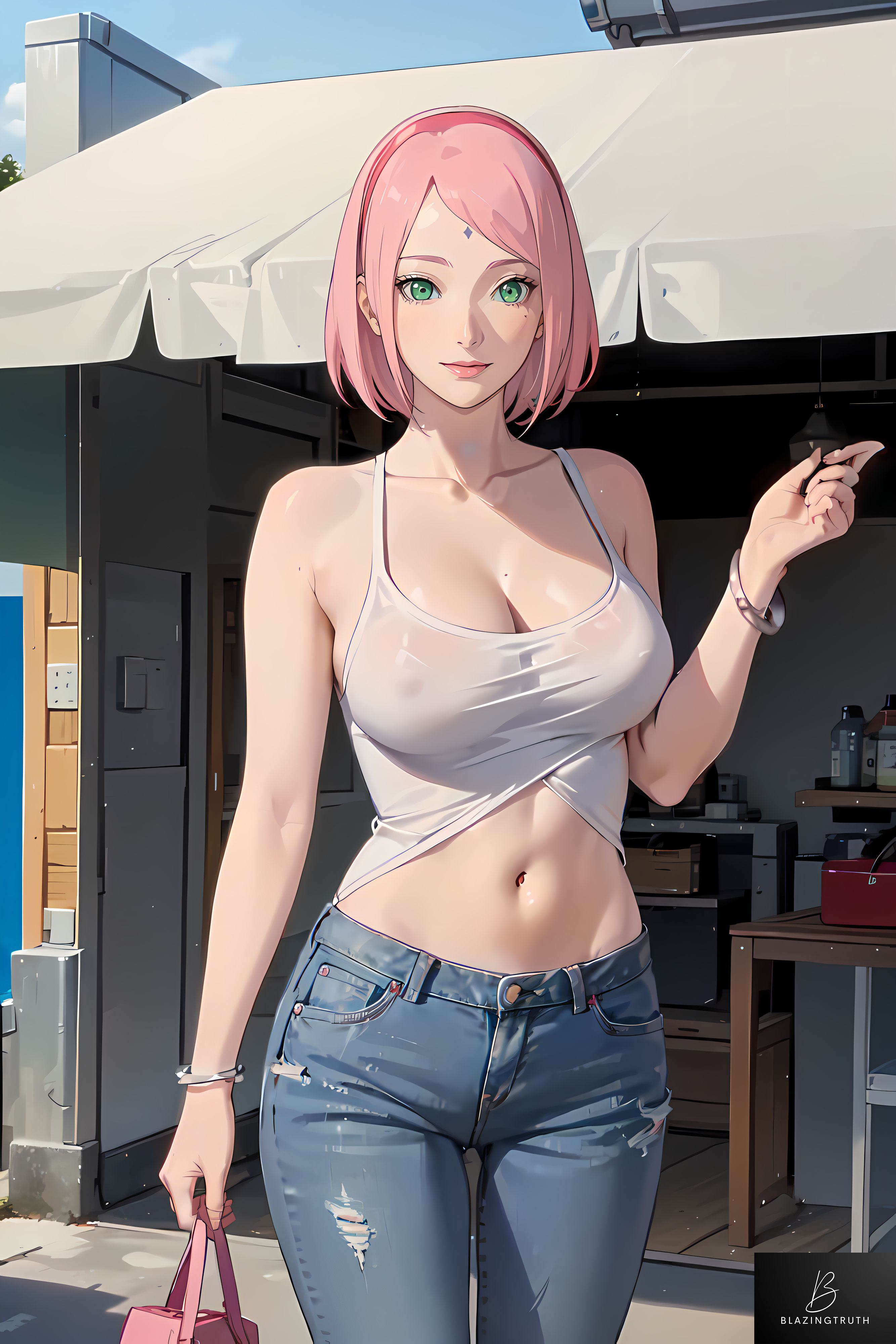 1girls, ai generated, alternate costume, artist name, bare midriff, bare shoulders, blazeren ai/3d, blush, bob cut, boruto: naruto next generations, breasts, cleavage, clothing, curvaceous, curvy, curvy body, curvy female, curvy figure, denim, denim jeans, erect nipples, erect nipples under clothes, facial mark, female, female only, forehead mark, front view, green eyes, handbag, hard nipples, hourglass figure, jeans, light skin, light-skinned female, looking at viewer, nai diffusion, naruto, naruto (series), nipples, no bra, no bra under clothes, outdoors, paipan, pale skin, pale-skinned female, pants, petite, pink hair, purse, revealing clothes, sakura haruno, see-through, see-through clothing, skimpy, skimpy clothes, smile, solo, stable diffusion, standing, tank top, tight clothing, tight jeans, tight pants, watermark, wide hips