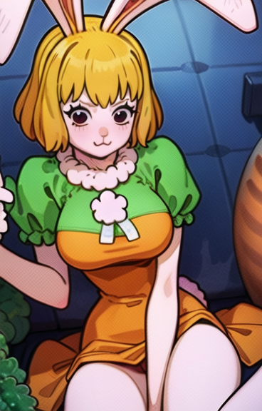 :3 ai_generated blonde_hair blush brown_eyes bunny_ears carrot_(one_piece) dress female female_only one_piece thighs trompitpro