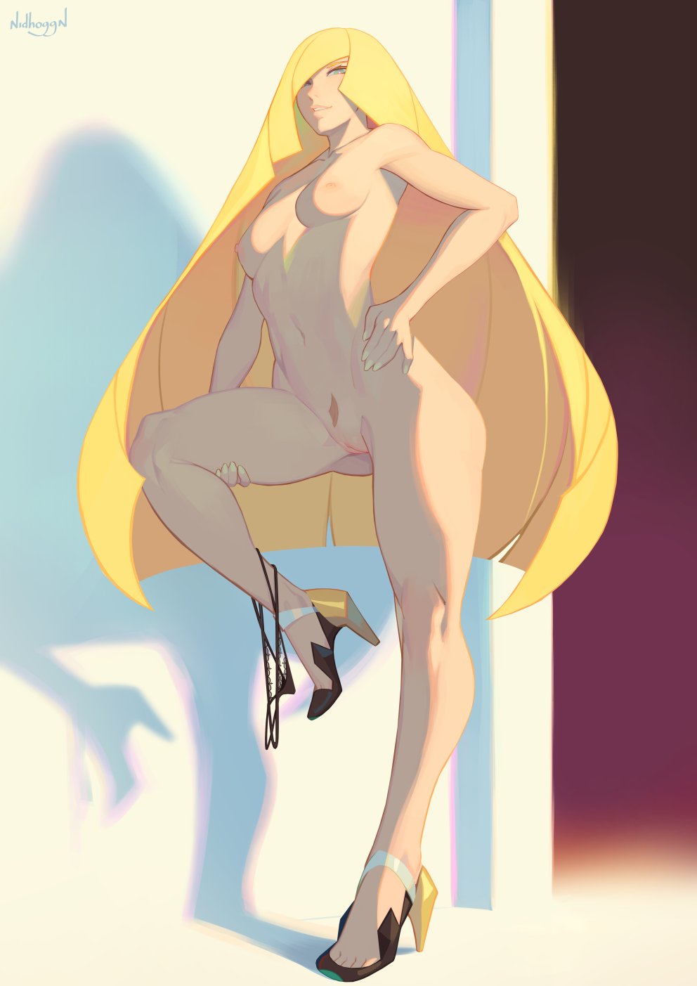 ass_visible_through_thighs blonde_hair breasts female female_pubic_hair full_body hand_on_own_hip high_heels highres knee_up leg_lift lingerie long_hair looking_at_viewer lusamine_(pokemon) mature_female naked_footwear naked_heels nidhoggn nude panties panties_around_one_leg pokemon pokemon_sm pubic_hair pussy shadow small_breasts smile solo standing toned underwear very_long_hair