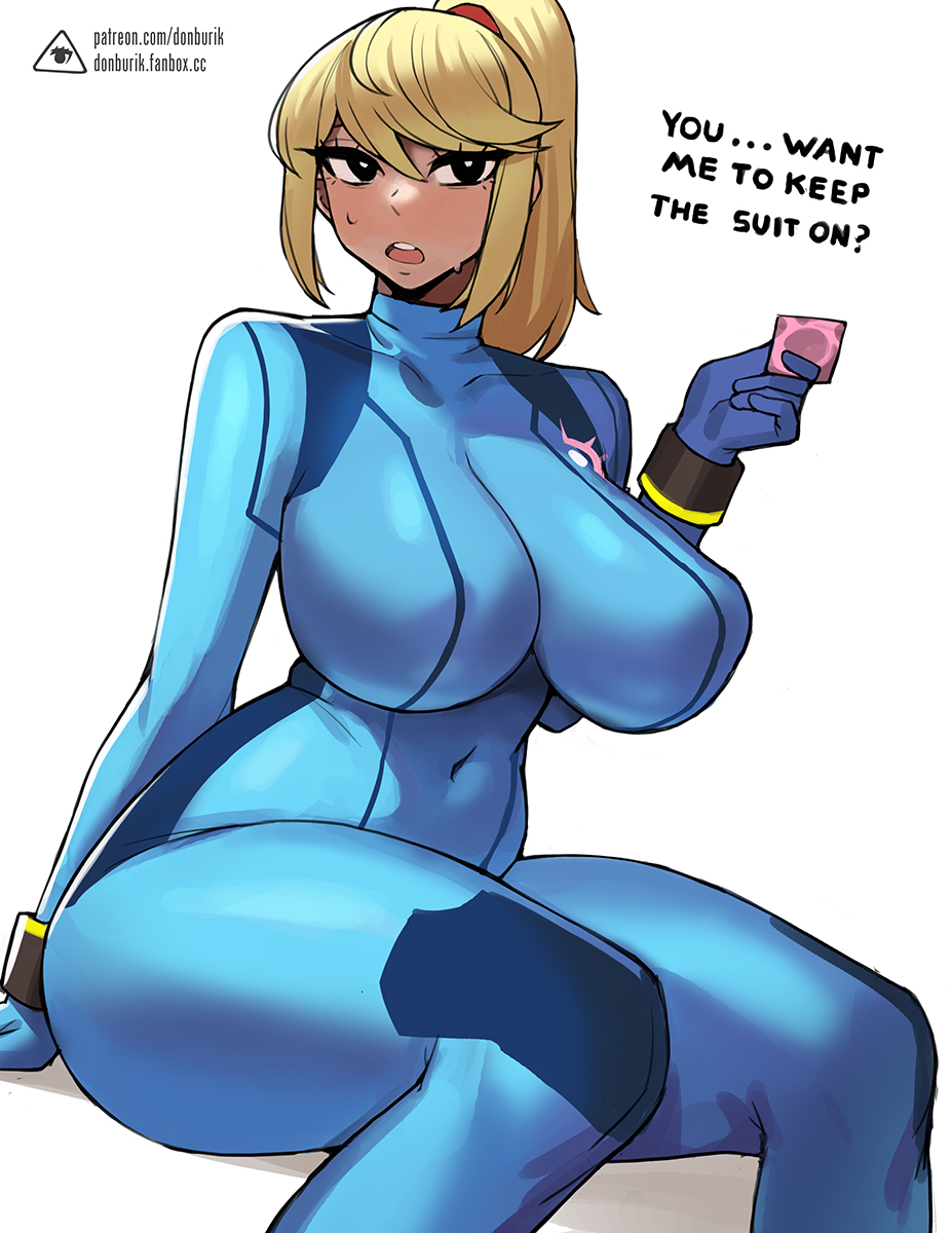 1girls bangs bimbo black_eyes blonde_hair blue_bodysuit bodysuit breasts condom donburikazoku gyaru large_breasts long_hair long_ponytail metroid nintendo ponytail samus_aran skin_tight skindentation tight_clothing zero_suit zero_suit_samus