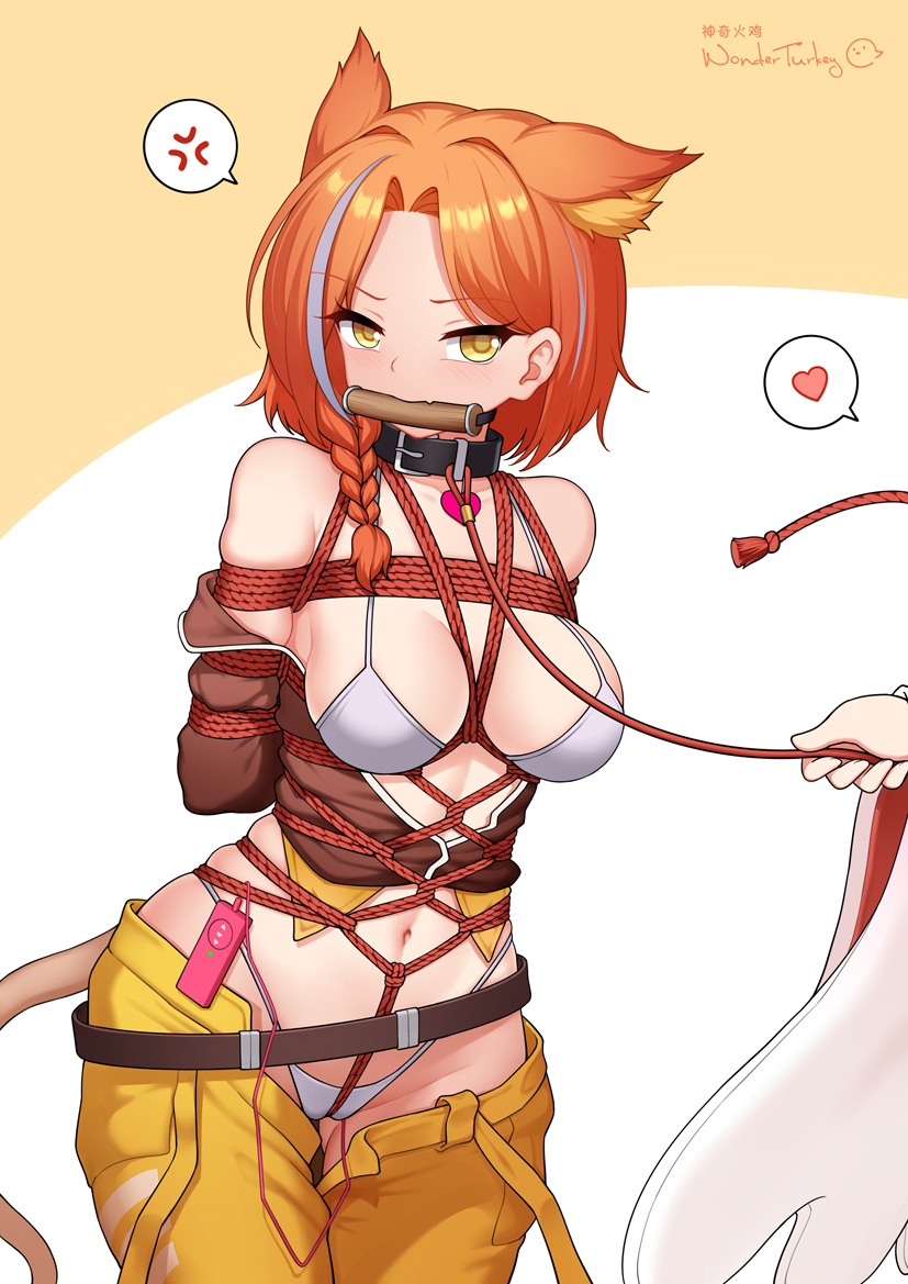 1girls, arms tied behind back, belt, bit gag, bondage, bra, braid, breasts, brown shirt, collar, crotch rope, female, gag, gagged, large breasts, leash, lion ears, lion girl, lion tail, looking at viewer, midriff, navel, open shirt, orange hair, original, panties, pants, rope, rope bondage, shibari over clothes, shirt, short hair, slave, vibrator, vibrator cord, vibrator under panties, white bra, white panties, wonder turkey, yellow eyes, yellow pants