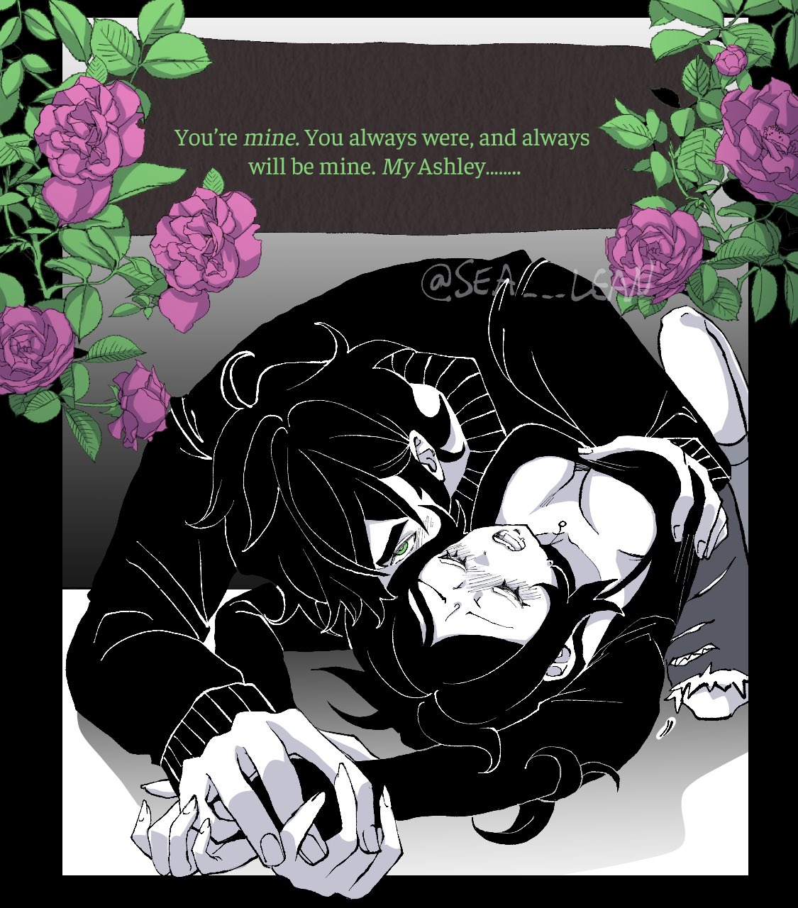 1boy, 1girls, 2d, andrew graves, ashley graves, black hair, blush, breasts, brother and sister, choker, cleavage, closed eyes, dialogue, domination, english text, female, goth, goth girl, green eyes, groping, groping breasts, holding hands, human female, incest, male, pinned, pinned down, possessive, sea-lean, siblings, straight, the coffin of andy and leyley