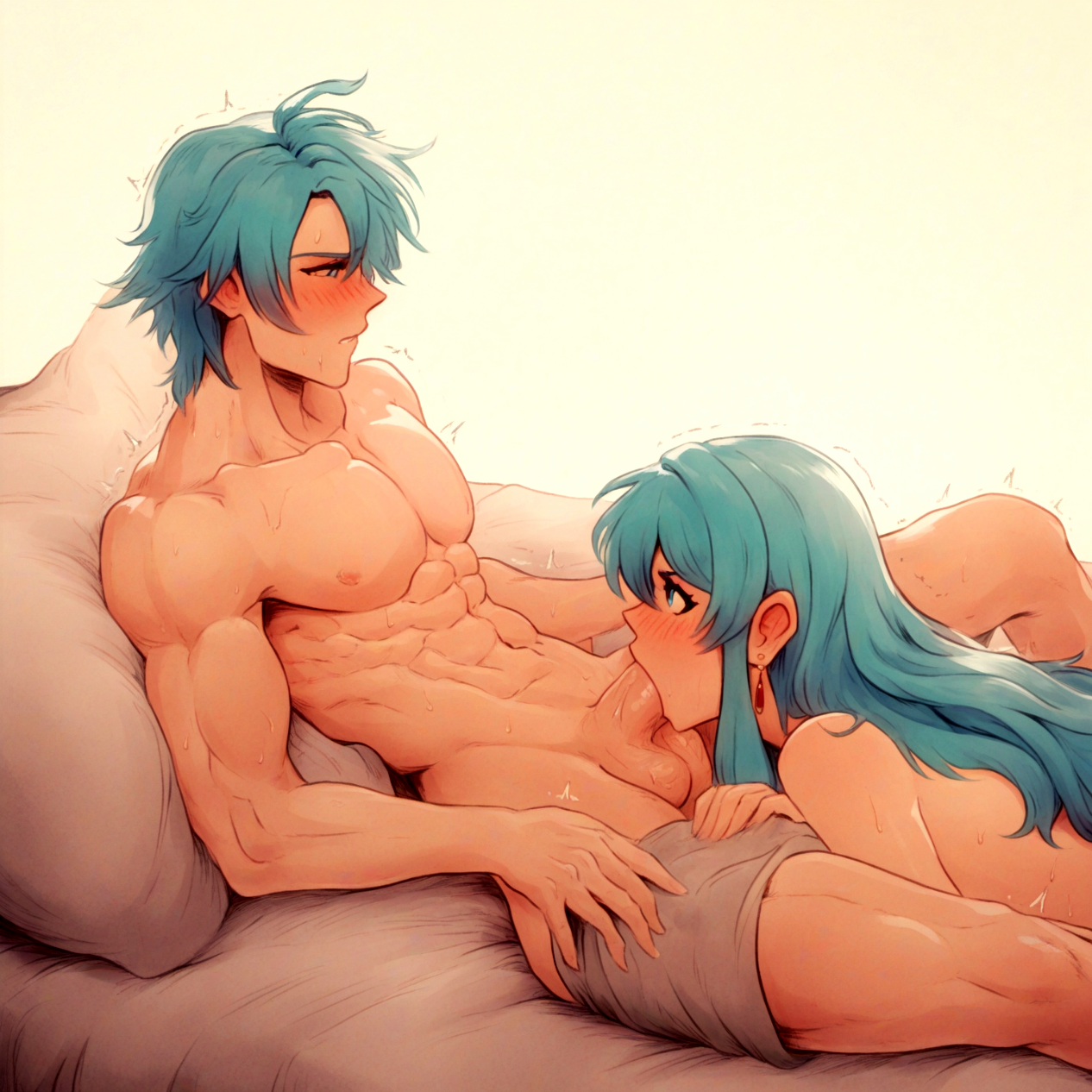 1boy, 1girls, abs, ai generated, aqua eyes, aqua hair, balls, between legs, blowjob, blush, brother and sister, earrings, eirika (fire emblem), ephraim (fire emblem), eyelashes, fellatio, female, fire emblem, fire emblem: the sacred stones, incest, male, muscular, muscular male, nai diffusion, nintendo, on bed, oral, self upload, siblings, stable diffusion, stradiviolet, sweat, testicles, twincest, twins, uncensored, white background