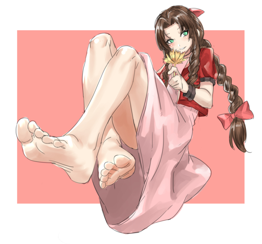 1girls, aerith gainsborough, barefoot, eijierj, feet, female, final fantasy, final fantasy vii, final fantasy vii remake, foot fetish, soles