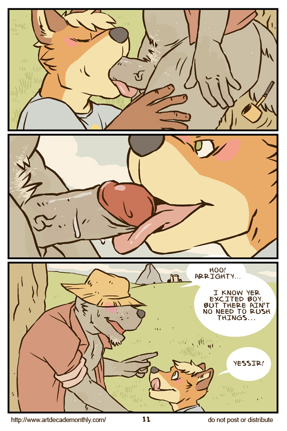 age_difference anthro artdecade blush canine comic english_text farm field fox fur furry furry_only gay hat male male/male male_only no_humans oral penis pipe romantic rural southern tongue tree wolf wood yaoi