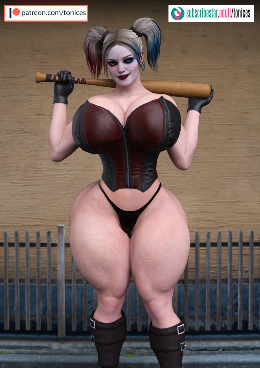 1girls, 3d, artist name, baseball bat, batman (series), big breasts, black gloves, boots, bottom heavy, breasts, busty, corset, curvaceous, curvy, curvy figure, dc, dc comics, eyebrows, eyelashes, eyes, female, female only, giant breasts, gloves, hair, harley quinn, harley quinn (injustice), hips, hourglass figure, huge breasts, injustice 2, knee boots, leather gloves, light skin, light-skinned female, lips, mature, mature female, netherrealm studios, pigtails, slim waist, solo, thick, thick hips, thick legs, thick thighs, thighs, thong, tonices, top heavy, top heavy breasts, voluptuous, voluptuous female, waist, wide hips
