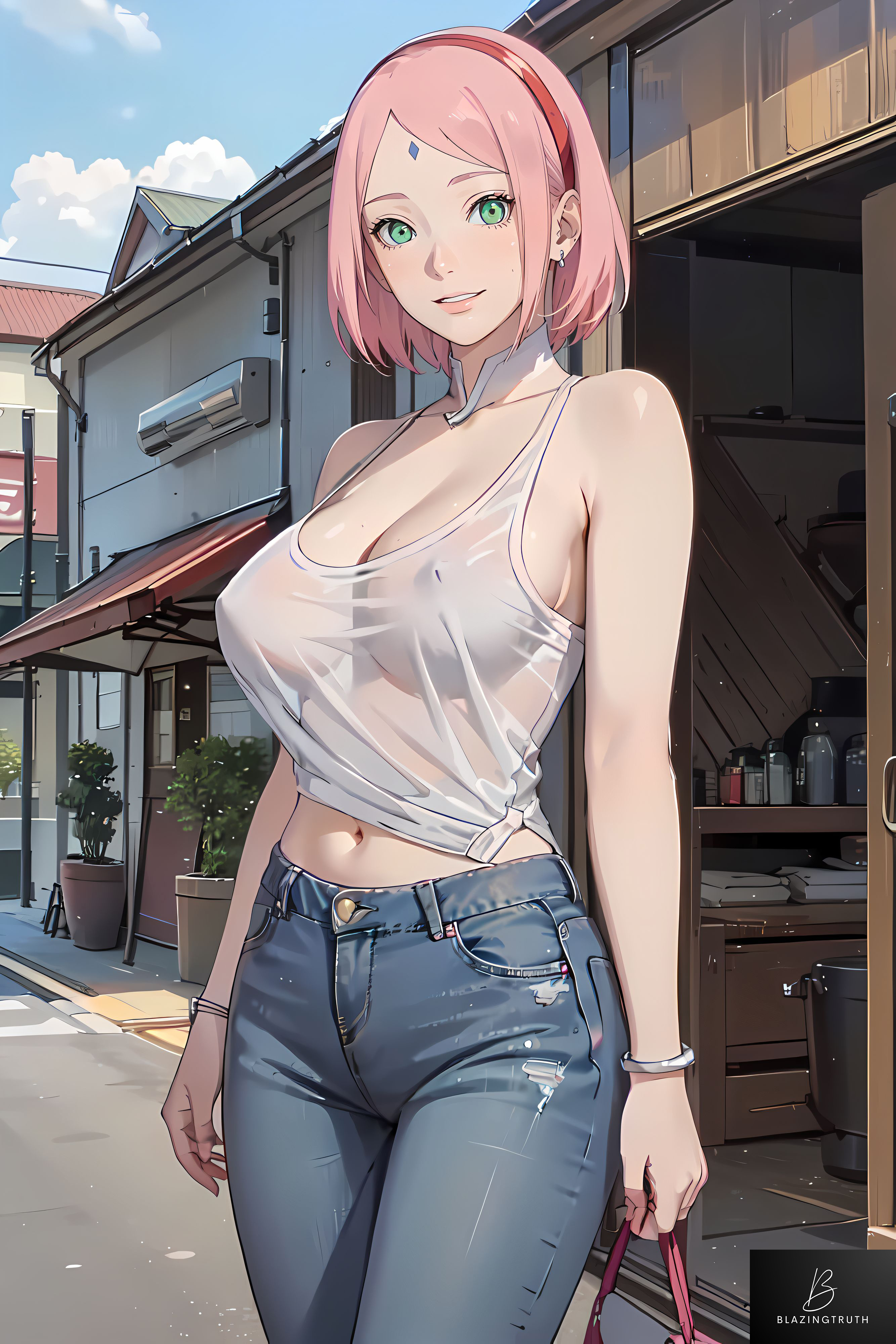 1girls, ai generated, alternate costume, artist name, bare midriff, bare shoulders, blazeren ai/3d, blush, bob cut, boruto: naruto next generations, breasts, cleavage, clothing, curvaceous, curvy, curvy body, curvy female, curvy figure, denim, denim jeans, erect nipples, erect nipples under clothes, facial mark, female, female only, forehead mark, front view, green eyes, handbag, hard nipples, hourglass figure, jeans, light skin, light-skinned female, looking at viewer, nai diffusion, naruto, naruto (series), nipples, no bra, no bra under clothes, outdoors, paipan, pale skin, pale-skinned female, pants, petite, pink hair, purse, revealing clothes, sakura haruno, see-through, see-through clothing, skimpy, skimpy clothes, smile, solo, stable diffusion, standing, tank top, tight clothing, tight jeans, tight pants, watermark, wide hips