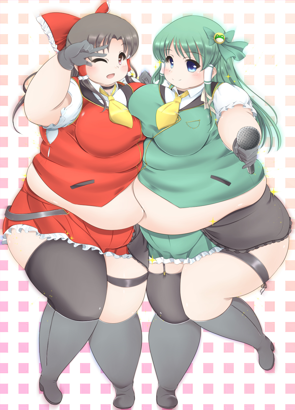 bbw belly_overhang big_belly big_breasts big_female blush chubby chubby_female embarrassed fat fat_arms fat_ass fat_female fat_fetish fat_girl fat_woman fatty kurocaze large_female obese obese_female overweight overweight_female plump pork_chop reimu_hakurei sanae_kochiya thick_thighs touhou tubby weight_gain