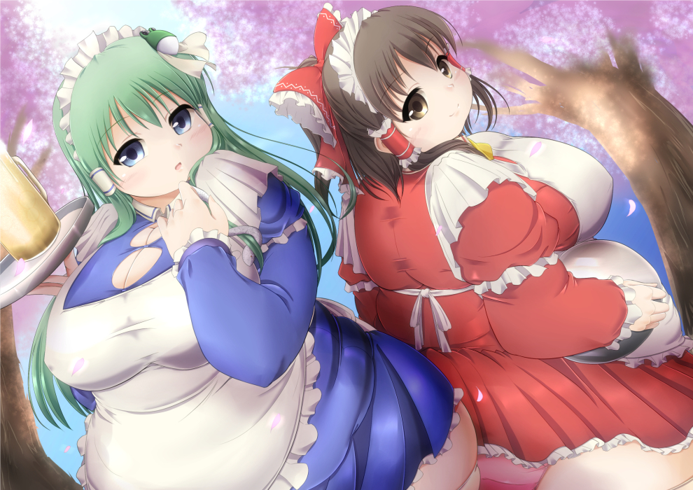 bbw belly_overhang big_belly big_breasts big_female blush chubby chubby_female embarrassed fat fat_arms fat_ass fat_female fat_fetish fat_girl fat_woman fatty kurocaze large_female obese obese_female overweight overweight_female plump pork_chop reimu_hakurei sanae_kochiya thick_thighs touhou tubby weight_gain