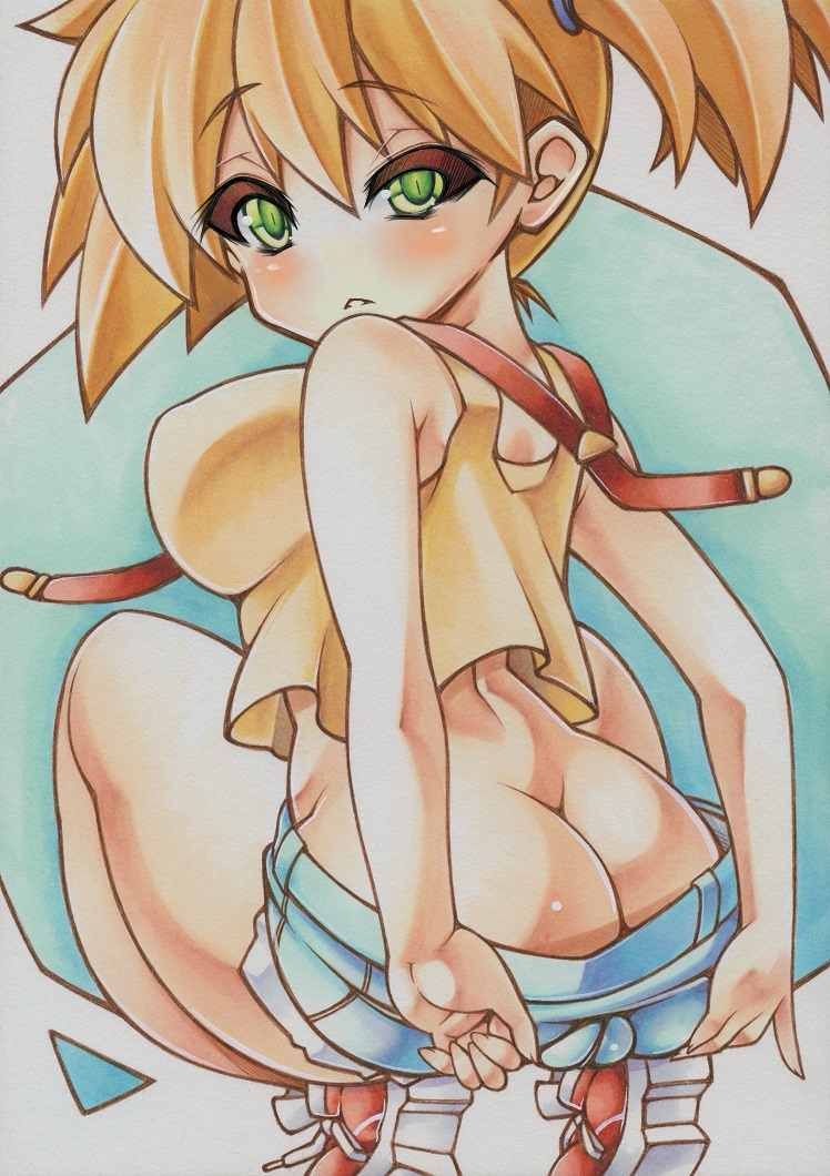 ass bare_shoulders big_breasts blush breasts cameltoe creatures_(company) dat_ass female game_freak gradient_background green_eyes heart huge_ass impossible_clothes impossible_shirt kasumi_(pokemon) large_breasts long_hair looking_at_viewer marker_(medium) nintendo no_panties oerba_yun_fang open_mouth orange_hair pokemon pokemon_(anime) pokemon_(classic_anime) revision shirt shoes side_ponytail slit_pupils sneakers solo squatting tank_top thick_thighs thighs traditional_media uneven_eyes yutakasan-love