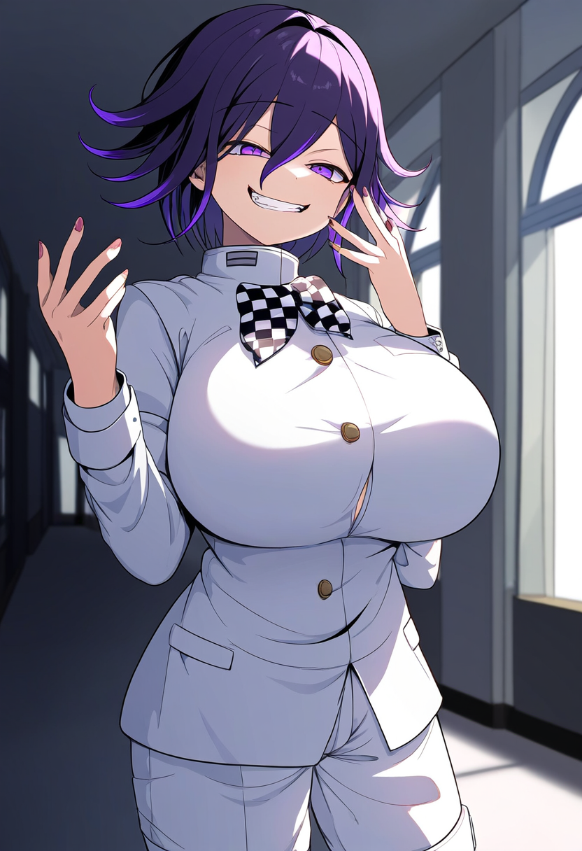 ai_generated breasts danganronpa danganronpa_v3 evil_grin evil_smile gender_transformation genderswap_(mtf) gigantic_breasts huge_breasts kokichi_ouma large_breasts ouma_kokichi purple_eyes purple_hair rule_63 school school_uniform slut slutty_outfit stable uniform white_uniform