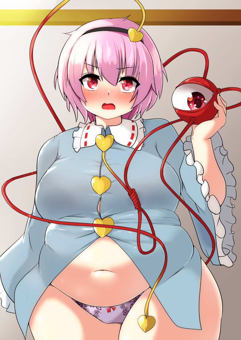 bbw belly_overhang big_belly big_breasts big_female blush chubby chubby_female embarrassed fat fat_ass fat_female fat_fetish fat_girl fat_woman fatty large_female nerizou obese obese_female overweight overweight_female panties panties_with_bow pink_hair plump pork_chop purple_panties satori_komeiji thick_thighs touhou weight_gain