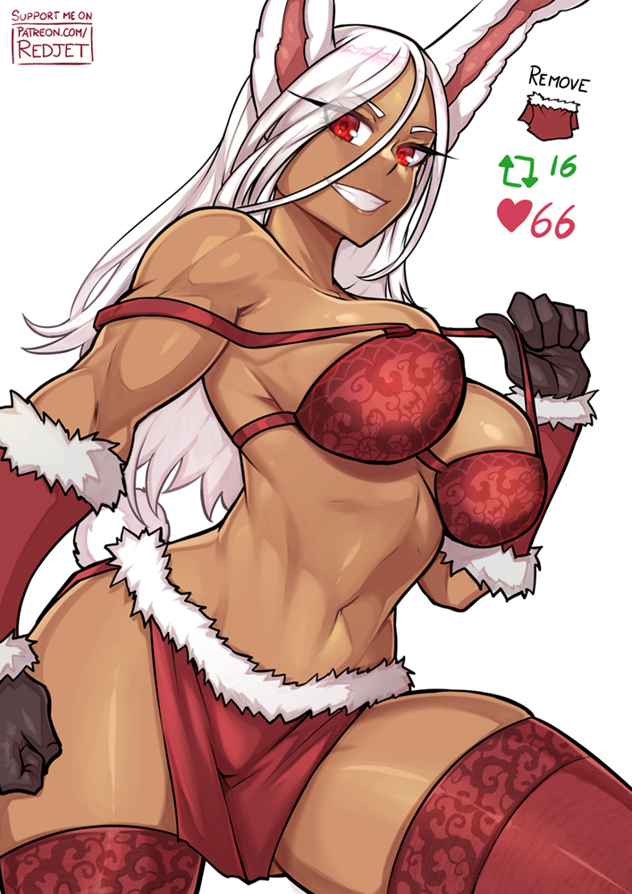 1girls, big breasts, bra, breasts, christmas, dark skin, dark-skinned female, female, fur trim, gloves, loincloth, long hair, meme, miruko, my hero academia, patreon url, pelvic curtain, red eyes, redjet, rumi usagiyama, solo female, strip game, thighhighs, twitter strip game, white hair, white-haired female