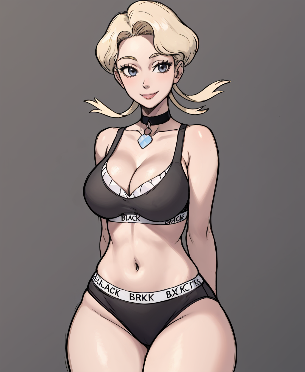 ai_generated arms_behind_back black_bra black_underwear blacked blacked_clothing blonde_hair calvin_klein choker cleavage glacia_(pokemon) pokemon pokemon_rse stable_diffusion