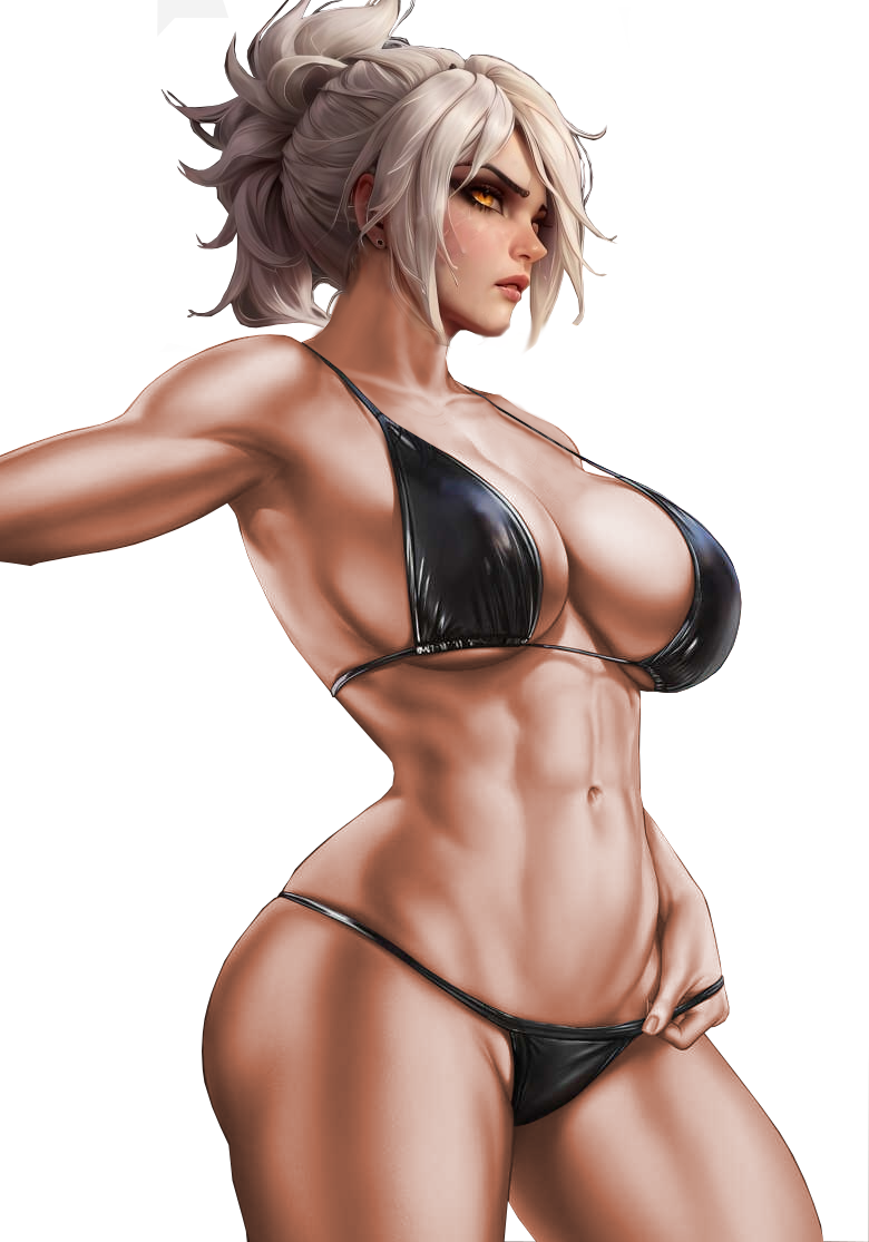 1girls, abs, ai generated, bikini, breasts, cleavage, female, golden eyes, hair bun, large breasts, league of legends, light skin, light-skinned female, riven, thick thighs, white hair, wide hips