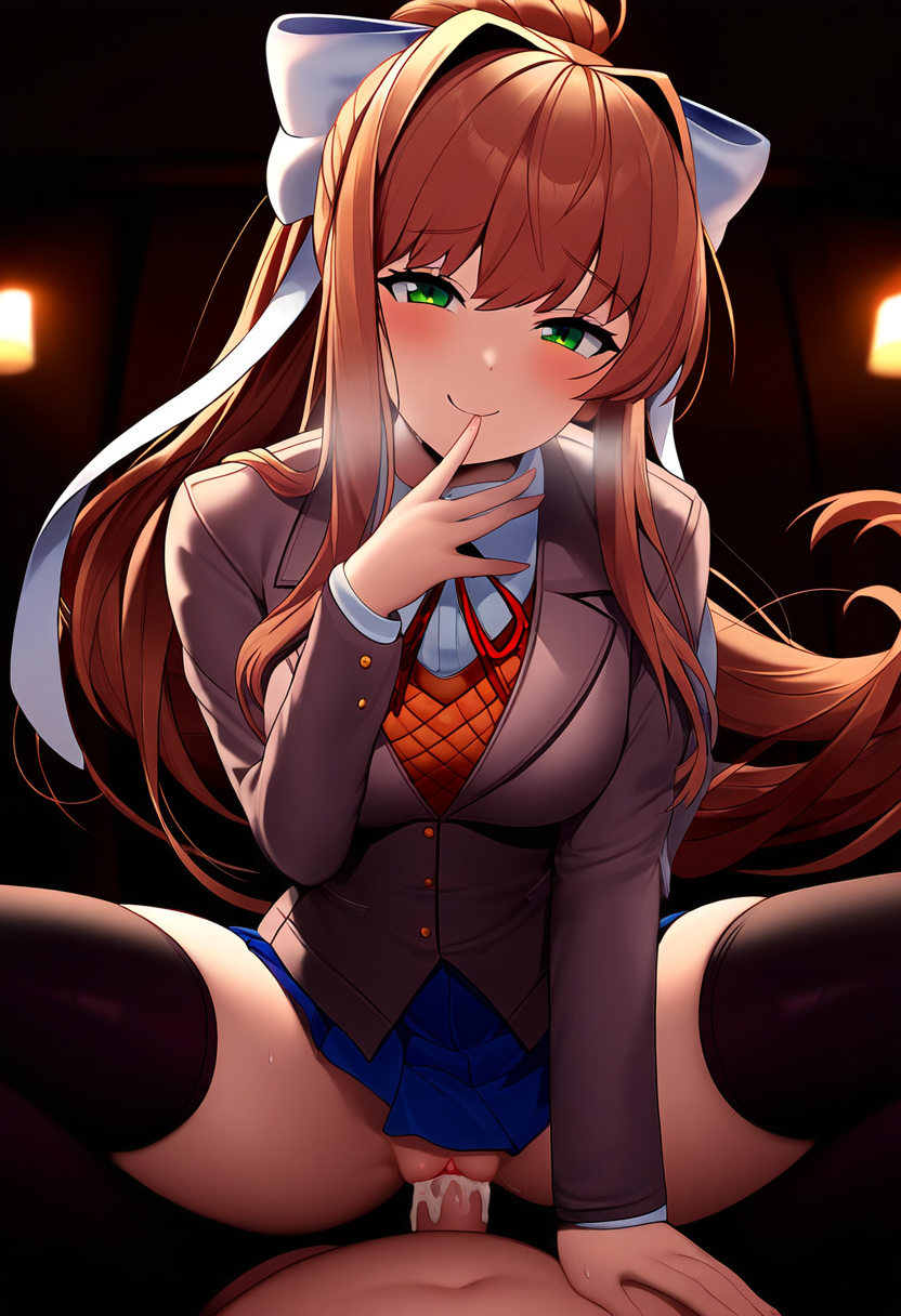 ai_generated black_thighhighs blazer blue_skirt brown_hair clothed_female_nude_male clothed_sex cowgirl_position dark_room doki_doki_literature_club green_eyes hair_ribbon just_monika long_hair looking_at_viewer monika_(doki_doki_literature_club) nai_diffusion pov school_uniform sex smile smug thick_thighs uncensored vaginal_penetration white_ribbon