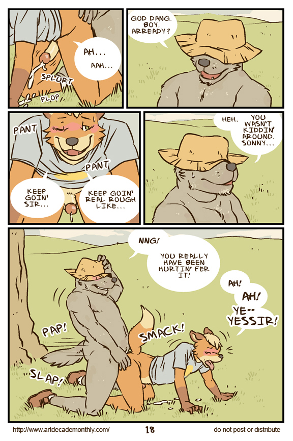 age_difference anal anthro artdecade ass blush canine comic cum english_text farm field fox fur furry furry_only gay hands-free hat male male/male male_only no_humans orgasm penis romantic rural southern tree wolf wood yaoi