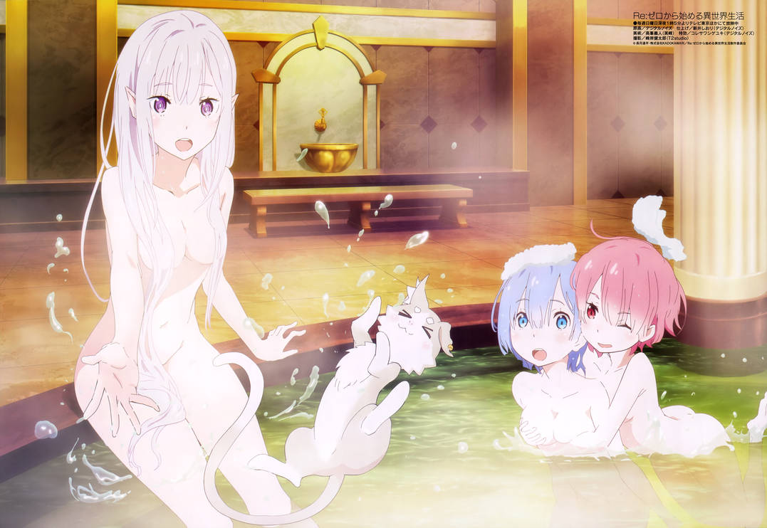 ass bathing blue_eyes blue_hair breast_grab censored emilia_(re:zero) fully_nude long_hair medium_breasts puck_(re:zero) ram_(re:zero) re:zero_kara_hajimeru_isekai_seikatsu red_eyes red_hair rem_(re:zero) short_hair sisters white_hair