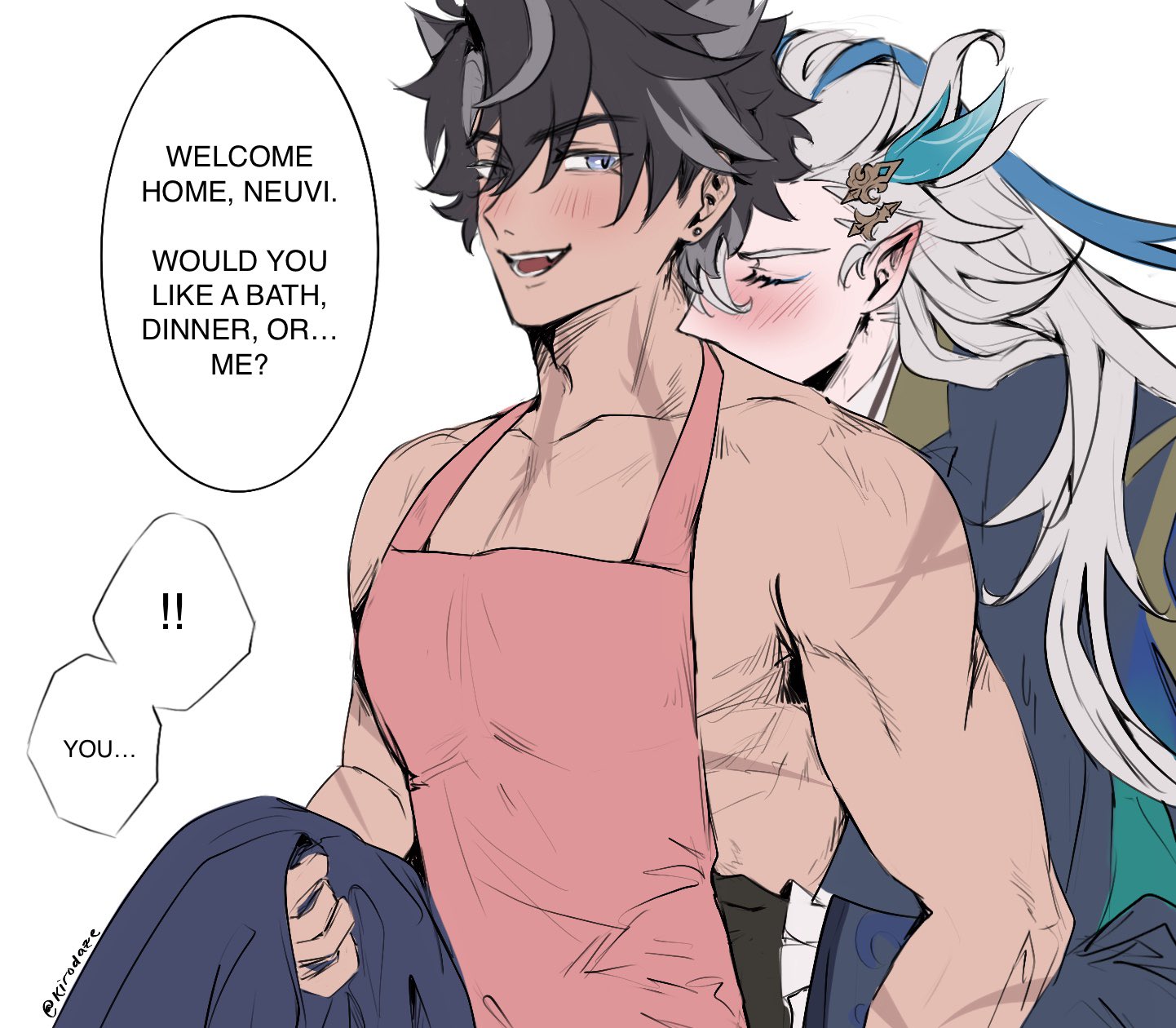 !!, 2boys, apron, bare shoulders, biceps, black hair, blue eyes, blush, closed eyes, english text, gay, genshin impact, grabbing from behind, kirodaze, kissing, male, male only, muscular, muscular male, naked apron, neuvillette (genshin impact), scar, scars, text bubble, white hair, wriothesley (genshin impact), yaoi