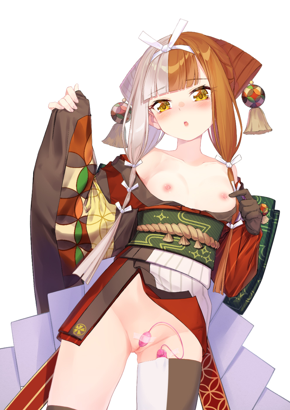 blunt_bangs blush breasts brown_hair coffeekite egg_vibrator fate/grand_order fate_(series) female hair_ornament hair_ribbon highres izumo_no_okuni_(fate/grand_order) japanese_clothes kimono long_hair long_sleeves looking_at_viewer multicolored_hair nipples no_panties off_shoulder open_mouth pussy red_kimono ribbon rope_belt sash sex_toy sidelocks small_breasts solo split-color_hair thighhighs thighs two-tone_hair uncensored vibrator white_hair wide_sleeves yellow_eyes