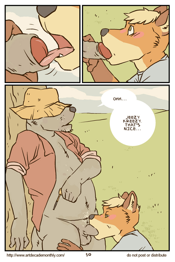 age_difference anthro artdecade balls blush canine comic english_text farm field fox fur furry furry_only gay hat male male/male male_only no_humans oral penis pipe romantic rural southern tree wolf wood yaoi