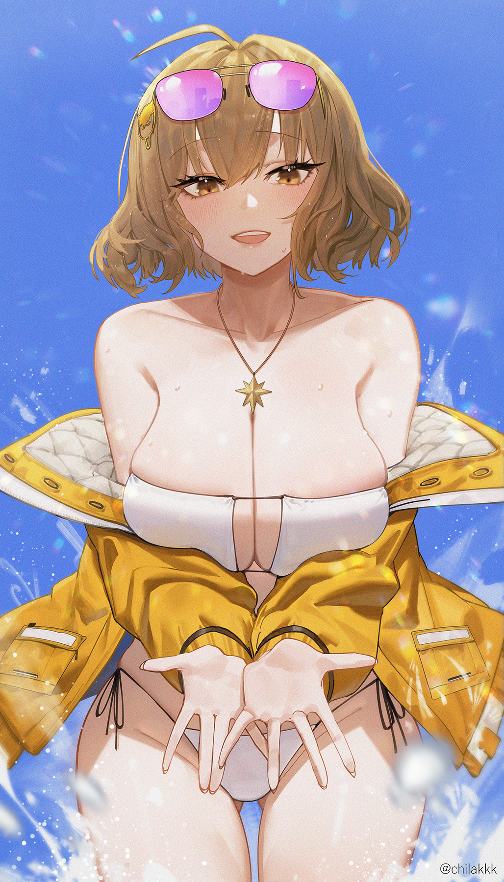 1girls ahoge anis_(nikke) anis_(sparkling_summer)_(nikke) bare_shoulders bikini blush bob_cut breasts brown_hair chilakkk closed_mouth collarbone eyepatch_bikini eyewear_on_head female gluteal_fold goddess_of_victory:_nikke highres huge_breasts jacket jacket_partially_removed looking_at_viewer official_alternate_costume side-tie_bikini_bottom skindentation smile solo splashing string_bikini swimsuit tinted_eyewear twitter_username white_bikini yellow_jacket