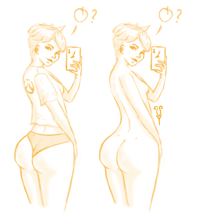 1girls ass blizzard_entertainment clothing freckles freckles_on_ass freckles_on_face lena_oxton looking_at_viewer looking_over_shoulder nude overwatch panties phone presenting_hindquarters selfie shaded shirt sketch smile tagme tracer vulpeculy