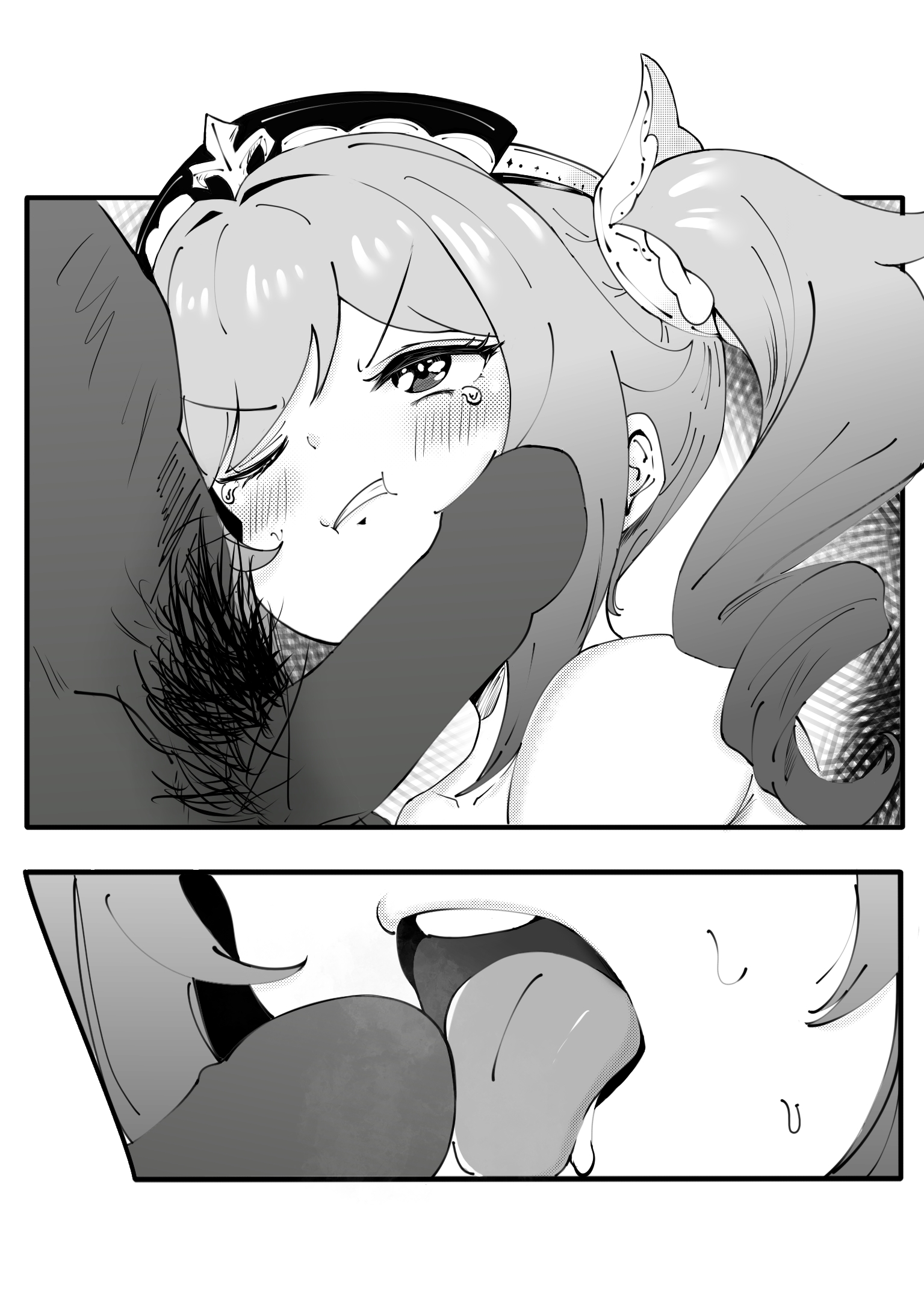 1boy, 1girls, barbara (genshin impact), blush, bondage, crying, dark skin, dark-skinned male, erect penis, erection, female, forced, genshin impact, greyscale, imminent fellatio, imminent oral, interracial, licking penis, male, nun, open mouth, penis, penis on face, penis out, pubic hair, sweat, tongue, twintails
