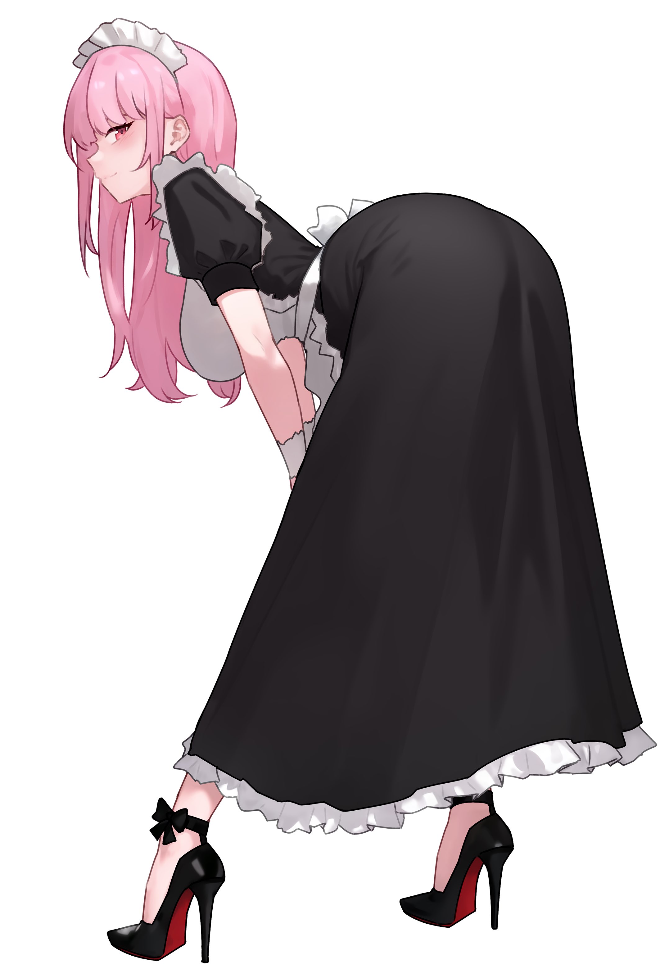 1girls, ass, bending over, bluefield, breasts, clothed, female, hi res, higher resolution available, hololive, hololive english, hololive myth, large ass, large breasts, light skin, light-skinned female, long hair, maid, maid headdress, maid outfit, maid uniform, mori calliope, naughty face, pink eyes, pink hair, simple background, virtual youtuber