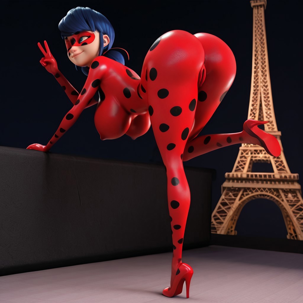 1girls, ai generated, alternate breast size, anus, bodysuit, cactus draws, eiffel tower, female, female only, france, high heels, jpeg, ladybug (character), marinette dupain-cheng, miraculous ladybug, paris, solo
