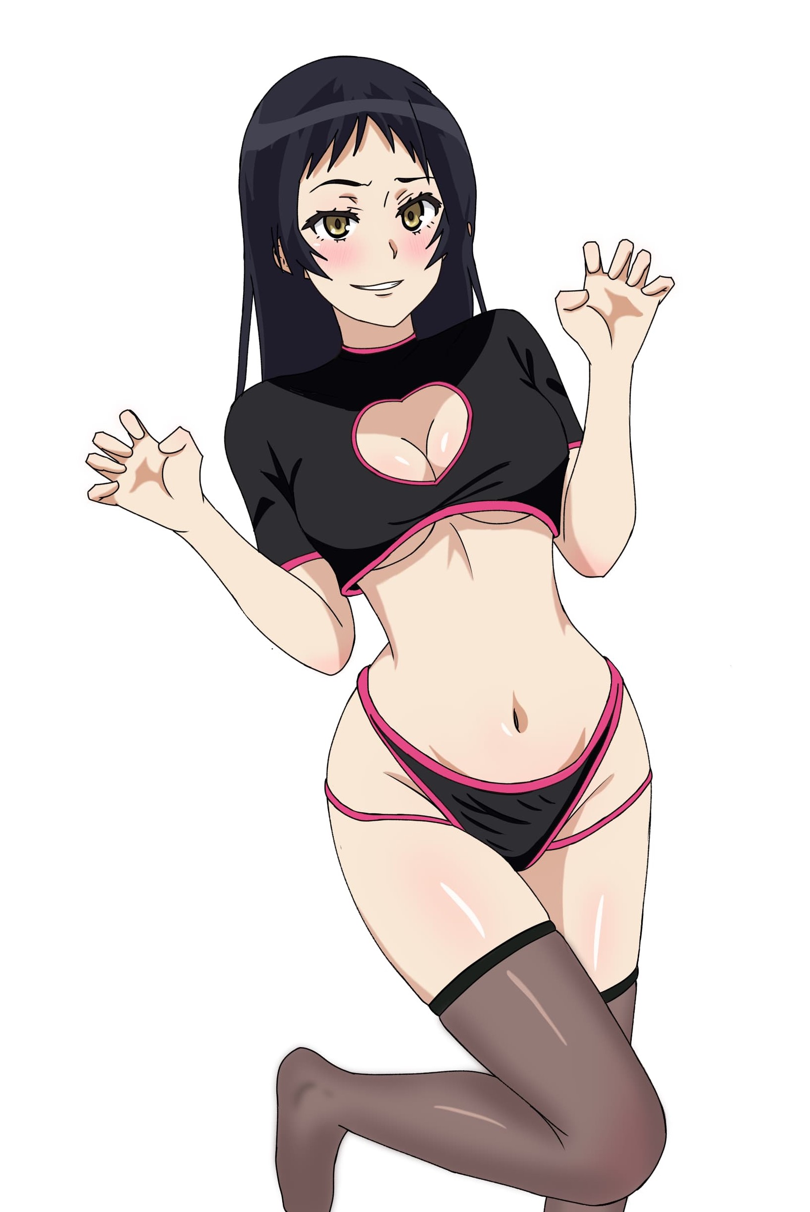1girls, bare belly, bare hands, bare hips, bare midriff, bare navel, bare skin, bare thighs, belly, belly button, black hair, black panties, black underwear, black-haired female, blush, blush face, blushing female, boob window, breasts, brown eyes, brown legwear, brown stockings, brown thigh highs, brown thighhighs, brown-eyed female, calves, cleavage, collarbone, curvaceous, curvaceous body, curvaceous female, curvaceous figure, curvaceous hips, curvaceous teenager, curvy, curvy body, curvy female, curvy figure, curvy hips, digital, digital art, digital drawing, digital drawing (artwork), digital media, digital media (artwork), elbows, exposed belly, exposed hips, exposed midriff, exposed navel, exposed skin, exposed thighs, feet, female, female focus, female only, fingers, groin, high resolution, high school student, highres, hourglass figure, inguinal crease, inguinal ligament, kajou ayame, knee up, knees, lean figure, legs, legwear, long hair, looking at viewer, medium breasts, midriff, narrow waist, navel, panties, parted lips, schoolgirl, sephtis, shimoneta to iu gainen ga sonzai shinai taikutsu na sekai, shoulders, simple background, slender body, slender waist, slim waist, smile, smiley face, smiling, smiling at viewer, solo, standing, stockings, teenage female, teenager, thigh highs, thighhighs, thighs, underwear, white background, wide hips, young female, young woman, zettai ryouiki