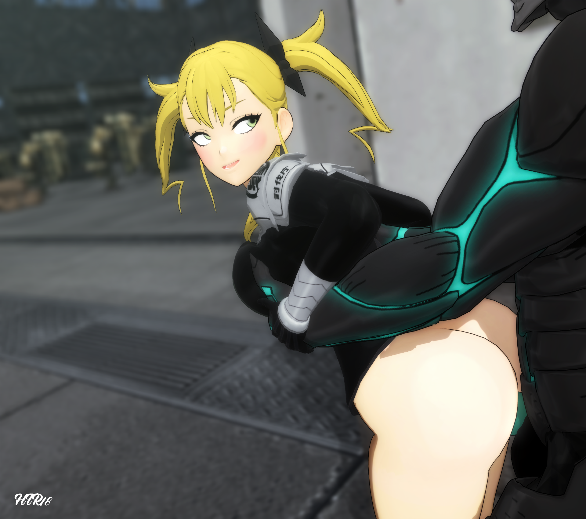 2d foreground, 3d background, ass, black body, blond hair, blonde hair, cel shading, duo, female, female penetrated, htr18, industrial background, interspecies, japanese text, kafka hibino, kaiju, kaiju no.8, kaiju no.8 (kafka), kikoru shinomiya, male, outdoors, outside, sex, straight, tagme
