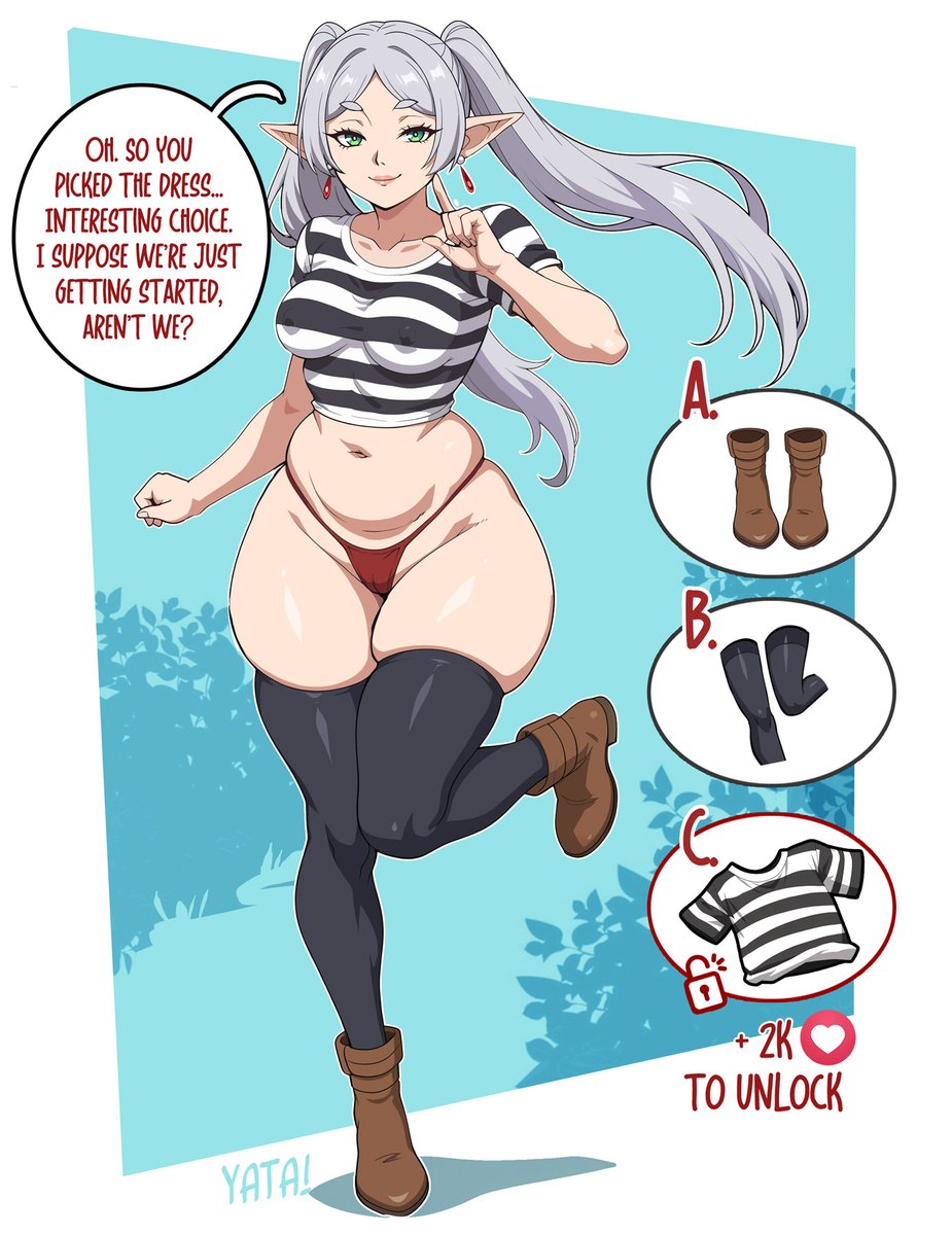 1girls, breasts, elf, elf ears, elf female, female, female only, frieren, large breasts, light skin, light-skinned female, looking at viewer, solo, sousou no frieren, strip game, thick thighs, thighhighs, thighs, wide hips, yatagarasupen