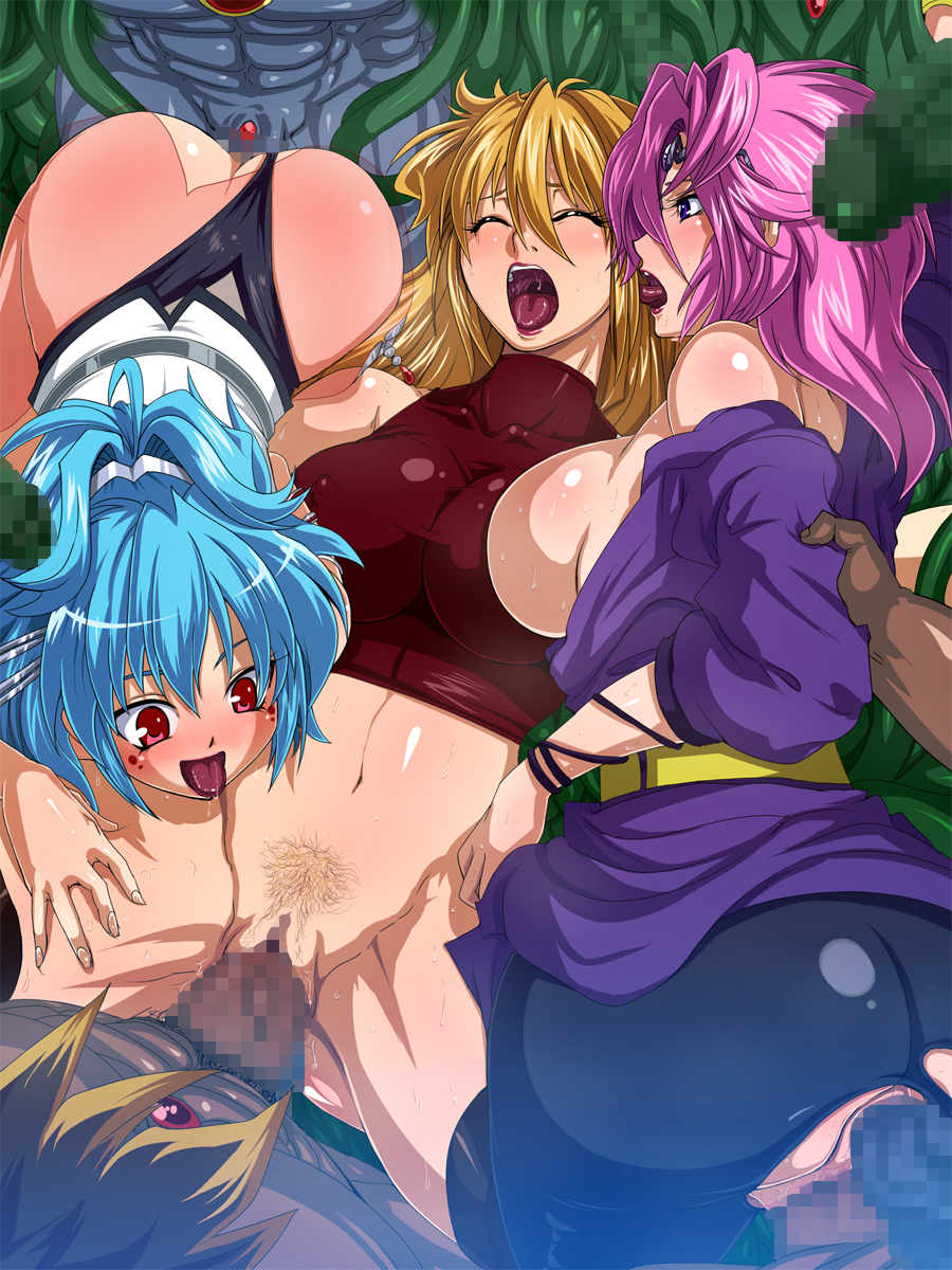 3girls alfimi anus ass big_ass blonde_hair blue_hair breasts censored closed_eyes excellen_browning hair huge_ass kyousuke_nanbu large_breasts lemon_browning multiple_girls open_mouth orgy penis pink_hair pubic_hair raburebo red_eyes super_robot_wars super_robot_wars_original_generation sweat