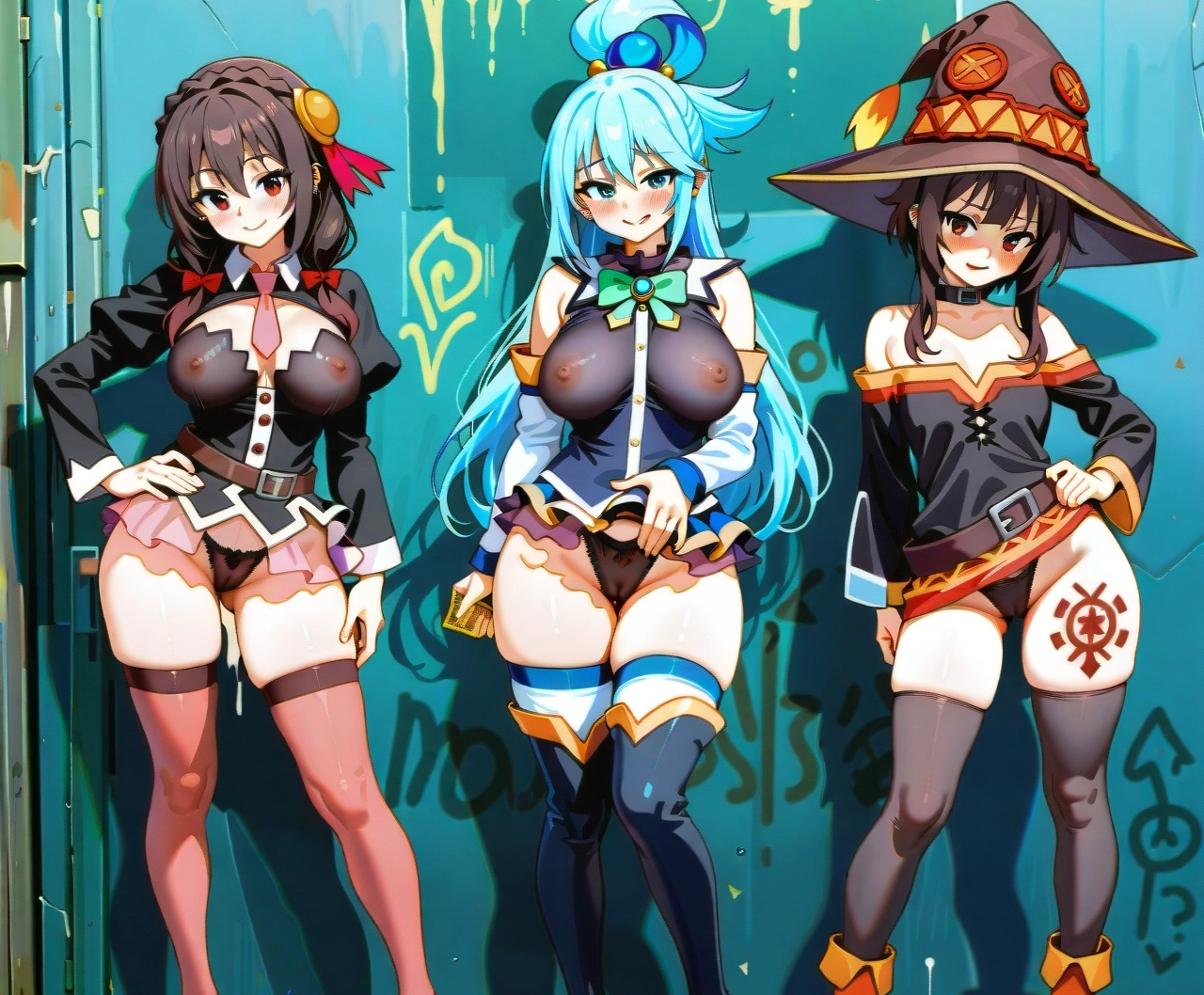 3girls, ai generated, aqua (konosuba), aqua hair, big breasts, blue body, blue eyes, breasts, breasts visible through clothing, brown hair, collar, female, female only, hat, kono subarashii sekai ni shukufuku wo!, megumin, nipples, nipples visible through clothing, only female, panties, panties visible, prostitution, pussy, pussy visible through clothes, pussy visible through panties, red eyes, seducing, seductive, seductive body, seductive gaze, seductive look, seductive pose, seductive smile, slutty dress, standing, tattoo, yunyun (konosuba)