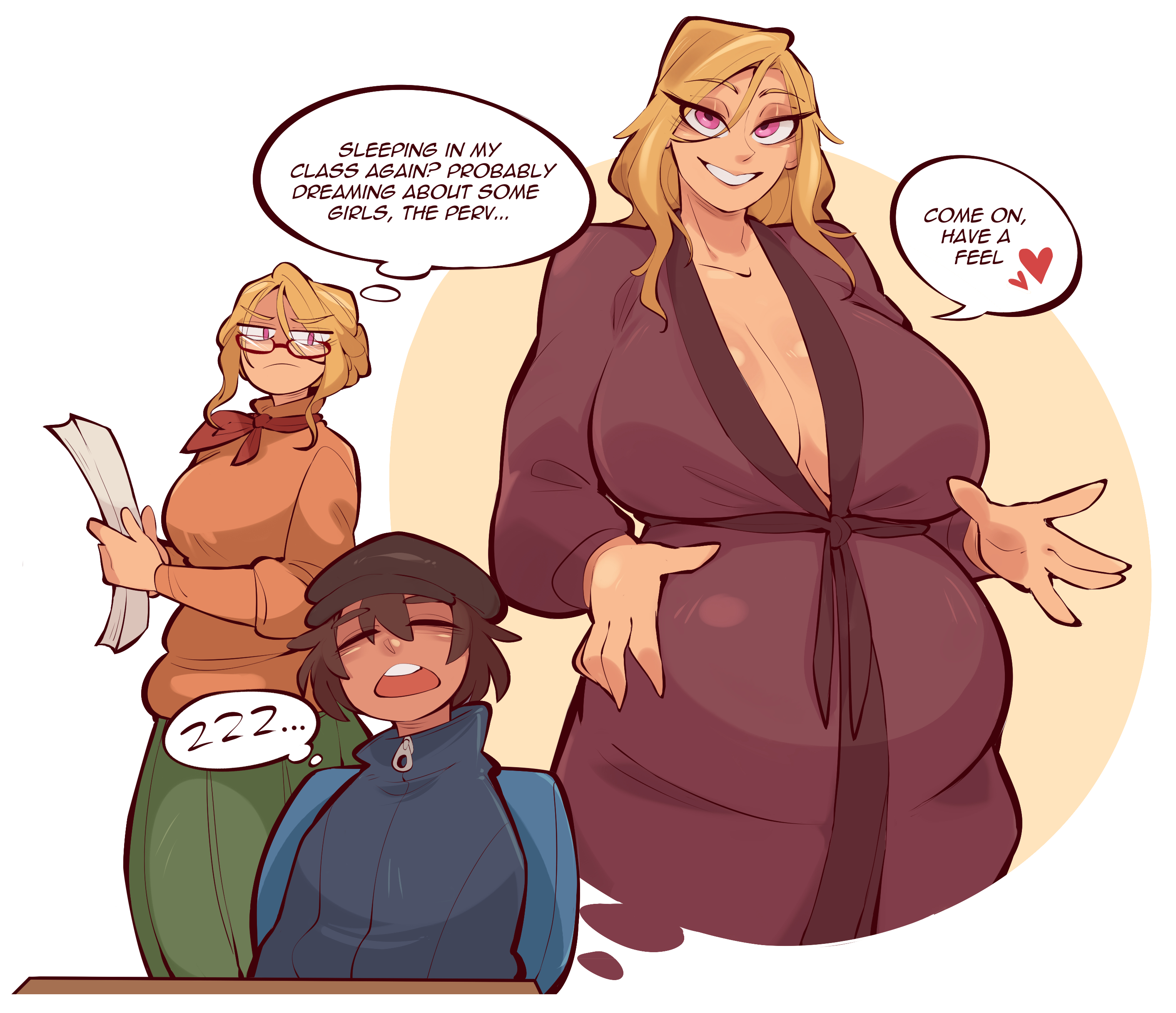 1boy, 1girls, age difference, big breasts, blonde hair, breasts, breasts bigger than head, cleavage, dark-skinned male, fantasizing, female, fully clothed, imagining, light-skinned female, male, max gilman (saucymojo), older female, original, pregnant, purple eyes, saucymojo, size difference, sleeping, speech bubble, tatiana arkwright (saucymojo), teacher, teacher and student, thought bubble, younger male, zzz