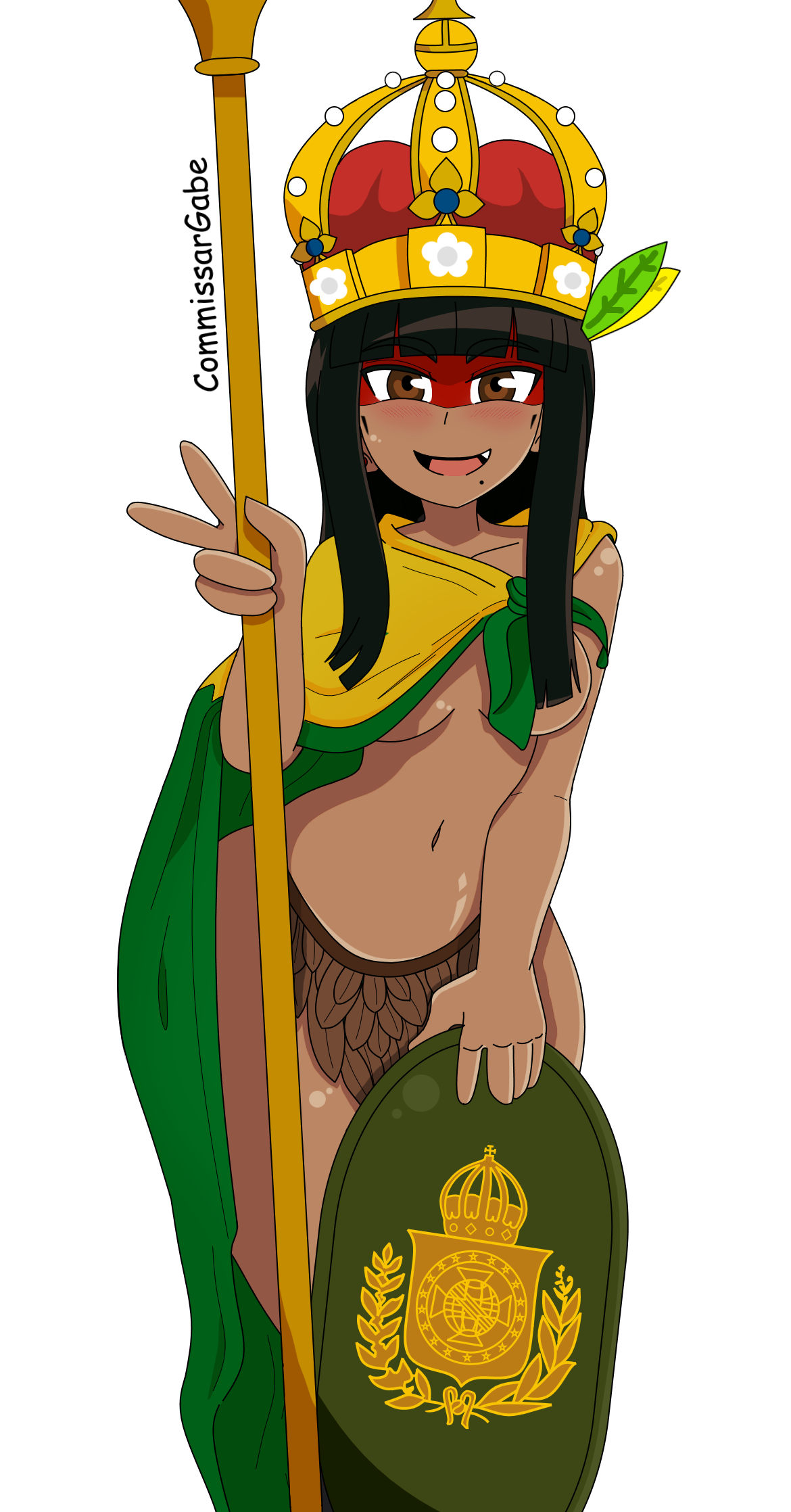 1girls, big breasts, black hair, blush, bodypaint, brazilian, brazilian female, breasts, brown body, brown skin, cape, crown, cute fang, drawinggabe, empire of brazil, fang, feather hair ornament, female, green eyes, indigenous, kuruminha, long hair, mole, mole under eye, native american, native american female, no bra, no panties, peace sign, skirt, thick thighs