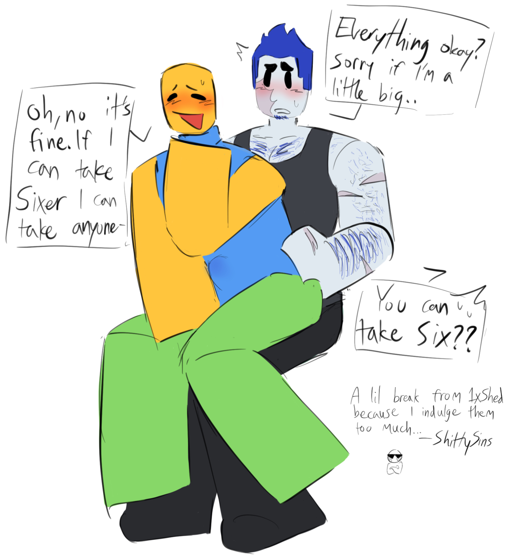 belly bulge, blue hair, blush, body hair, clothed, clothing, color, colored, drawing, english text, forsaken (roblox), guest 1337 (forsaken), guest 1337 (the last guest), noob, noob (forsaken), noob (roblox), roblox, roblox game, robloxian, scars, self upload, shittysins, tagme, text, the last guest, white skin, yellow skin