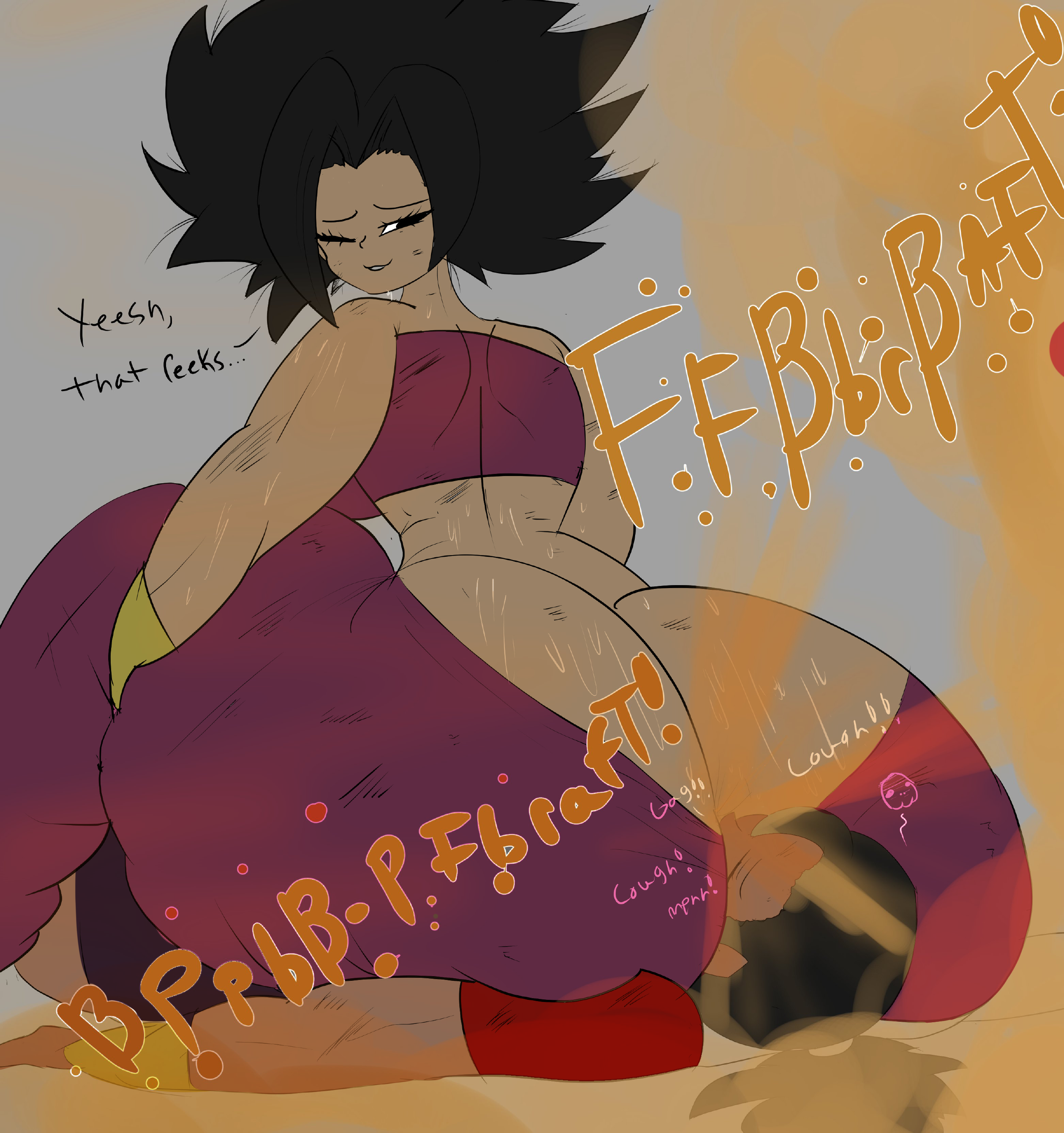 2girls, black hair, caulifla, color, color edit, colored, colored sketch, coloring page, colorized, colorized edit, colorshun, dragon ball, dragon ball super, fart, fart fetish, farting in face, farting on face, female, kale, melissaalli, sitting, sitting on face