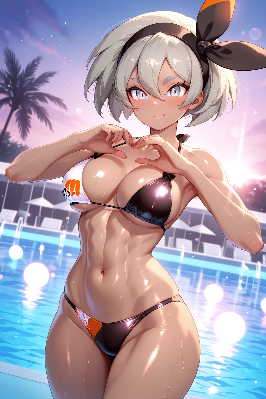 1girls, abs, ai generated, bare arms, bare legs, bare shoulders, bare thighs, bea (pokemon), big breasts, bikini, bikini bottom, bikini top, blush, breasts, clothed, clothing, color, female, female focus, female only, fit female, game freak, grey eyes, grey hair, gym leader, hi res, large breasts, light skin, light-skinned female, looking at viewer, muscles, muscular, muscular female, nintendo, pokemon, pokemon ss, pokemon trainer, short hair, solo, solo female, thick thighs