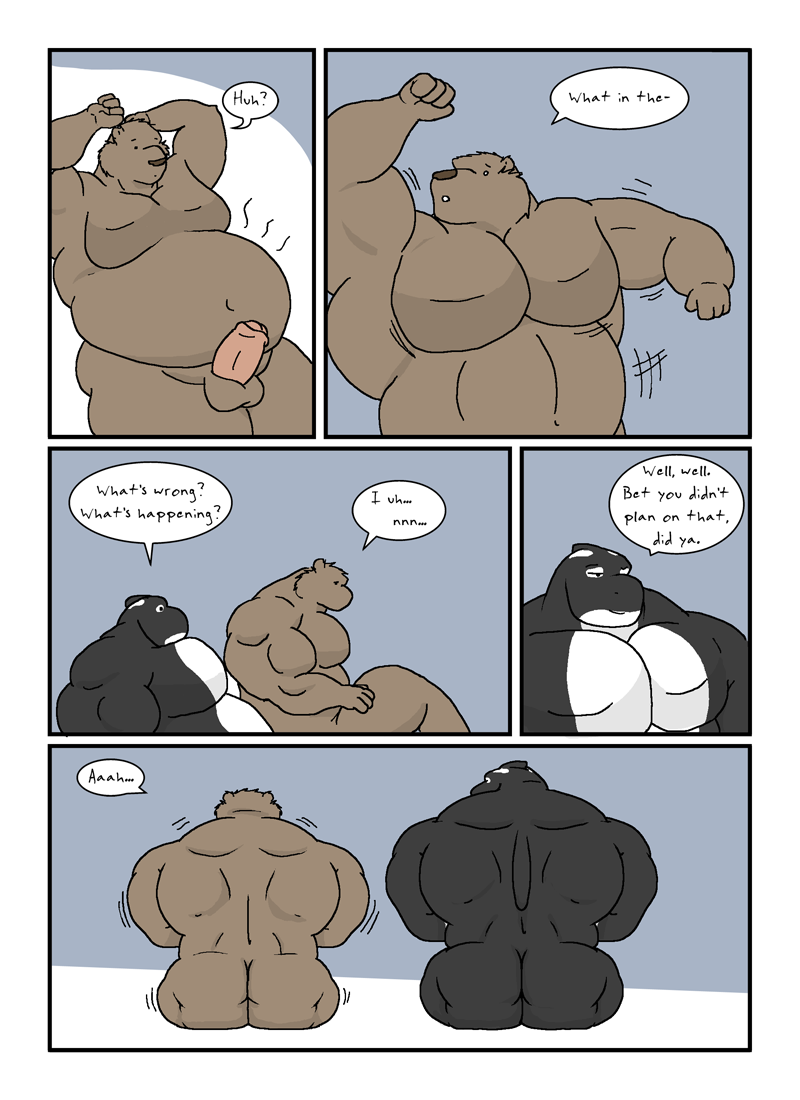 anthro balls bear big big_penis breakfast bulge cetacean comic dialogue erection gay growth gut hyper hyper_penis kitchen male marine muscles nude orca pecs penis sex stupidgit tongue