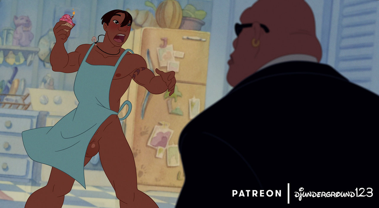 2boys, accurate art style, apron, apron only, balls, big balls, cobra bubbles, cupcake, dark skin, dark-skinned male, david kawena, dick slip, disney, djunderground123, embarrassed, embarrassed nude male, enm, gay, human, human only, hunk, indoors, lilo and stitch, male, male only, necklace, penis, tan skin, tan skinned male