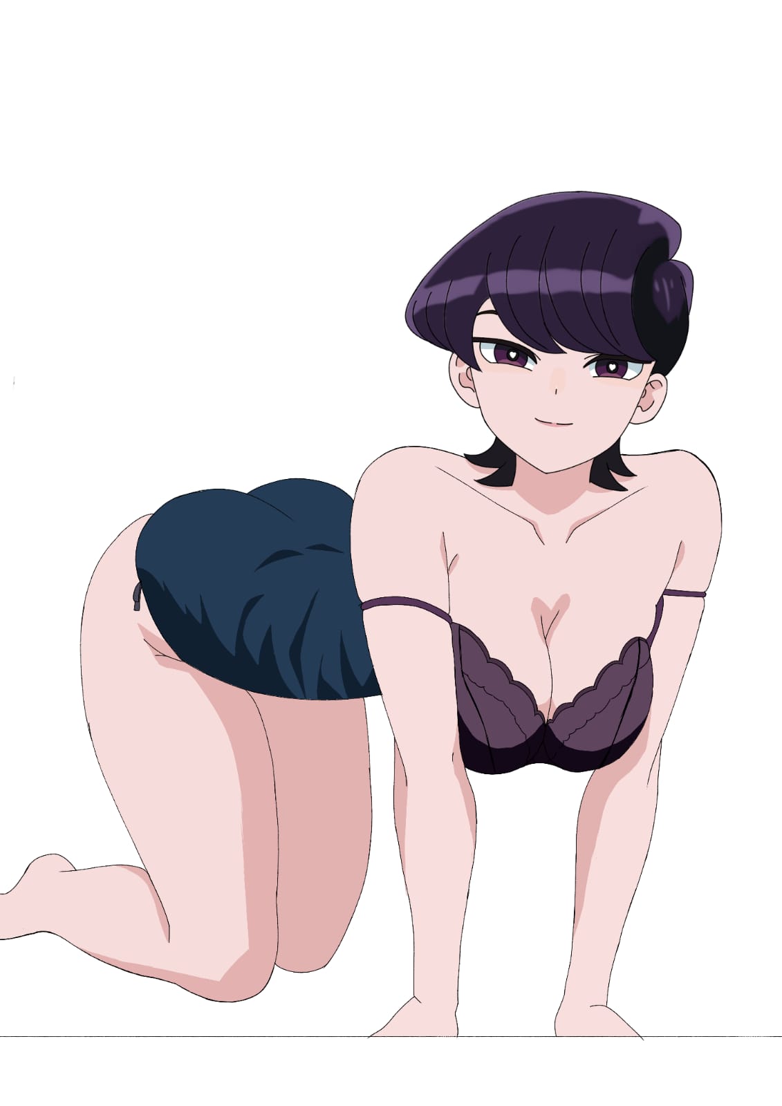 1girls, adult, adult female, all fours, anime milf, arm support, ass, bare calves, bare chest, bare hands, bare knees, bare legs, bare shoulders, bare thighs, barefoot, bent forward, bent over, black bra, black hair, black underwear, black-haired female, bra, breasts, busty, busty female, busty milf, calves, cleavage, closed mouth smile, collarbone, curvaceous, curvaceous body, curvaceous female, curvaceous figure, curvaceous teenager, curvaceous thighs, curvy, curvy body, curvy female, curvy figure, curvy thighs, digital, digital art, digital drawing, digital drawing (artwork), digital media, digital media (artwork), exposed arms, exposed chest, exposed legs, exposed shoulders, exposed skin, exposed thighs, feet, female, female focus, female only, full body, heart eyes, heart-shaped pupils, high resolution, highres, hot milf, knees, komi shuuko, komi-san wa komyushou desu, large breasts, lean figure, legs, lips, looking at viewer, mature, mature female, milf, narrow waist, purple eyes, purple-eyed female, sephtis, short hair, shoulders, simple background, slender body, slender waist, slim waist, smile, smiley face, smiling at viewer, smirk, solo, swept bangs, thick thighs, thighs, underwear, white background