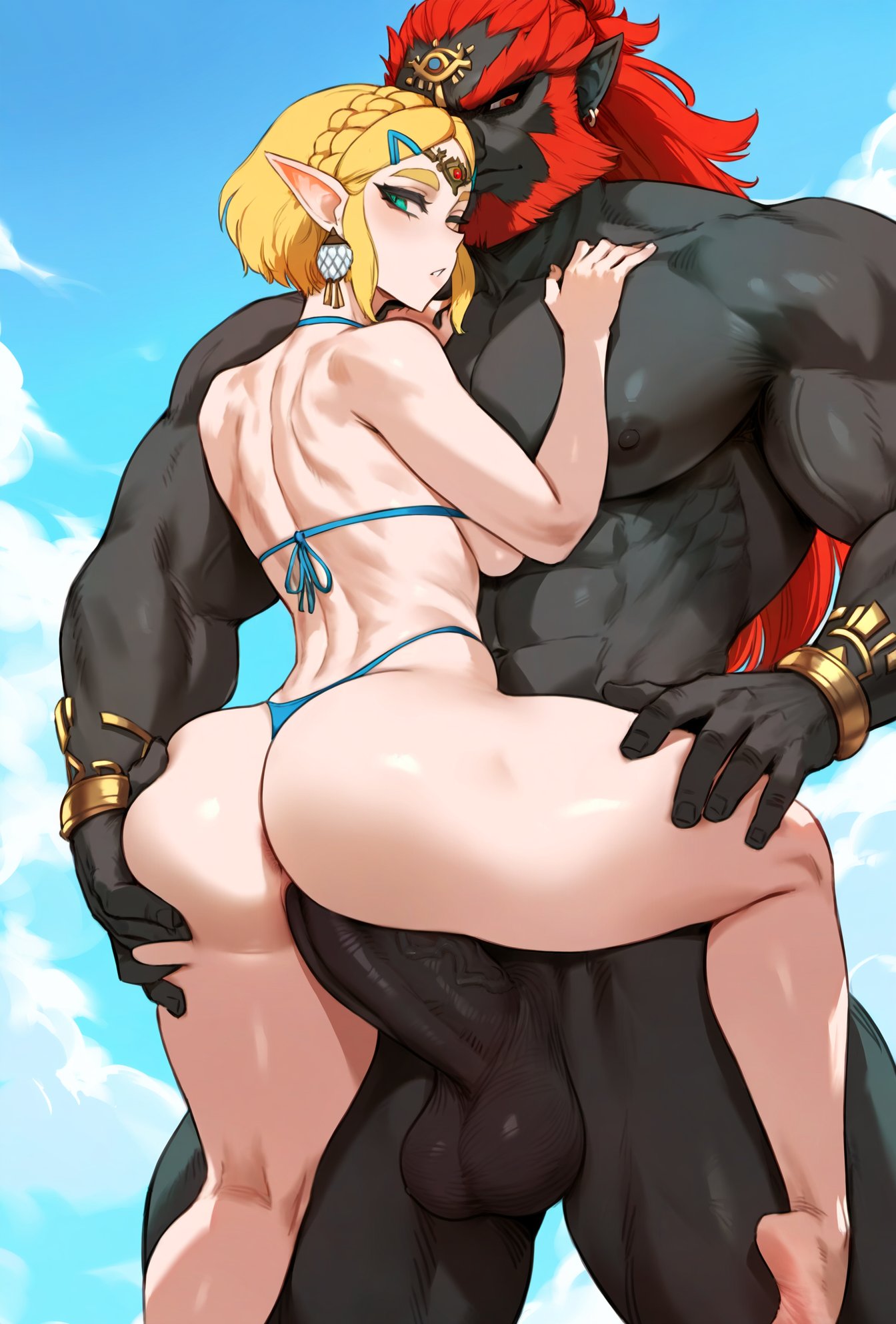 ai generated, aipotions, ass grab, beach, bikini, bimbo, blonde hair, blue bikini, elf ears, female, ganondorf, ganondorf (tears of the kingdom), grabbing ass, muscular, muscular male, princess zelda, sex, short hair, the legend of zelda, thong bikini