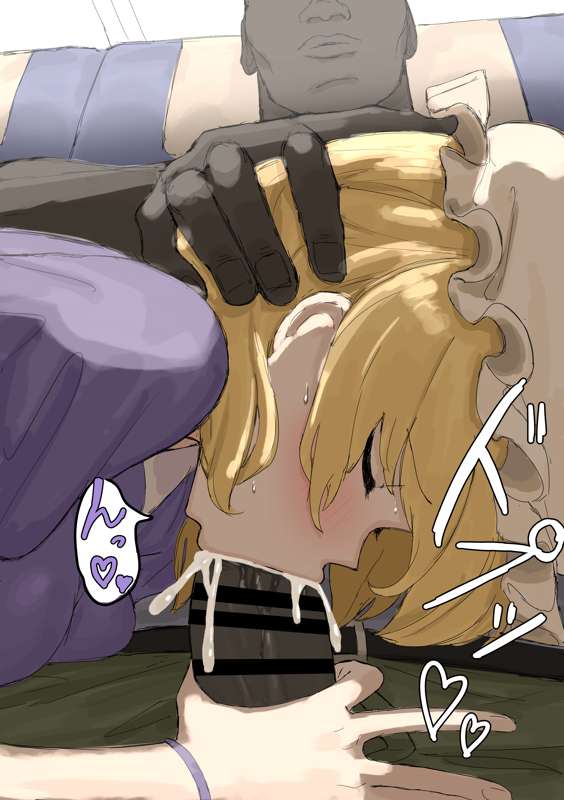 :>=, 1boy, 1girls, akiraxians92951, blonde, blonde female, blonde hair, blonde hair female, blonde-haired female, blush, censored, closed eyes, clothed female, clothing, cum, cum in mouth, dark skin, dark-skinned male, fellatio, female, female focus, grabbing penis, hand on head, handjob, hat, head grab, interracial, kumiyabe, light skin, light-skinned female, male, maribel hearn, medium hair, oral, oral sex, pants down, penis, sucking penis, sweat, team shanghai alice, touhou