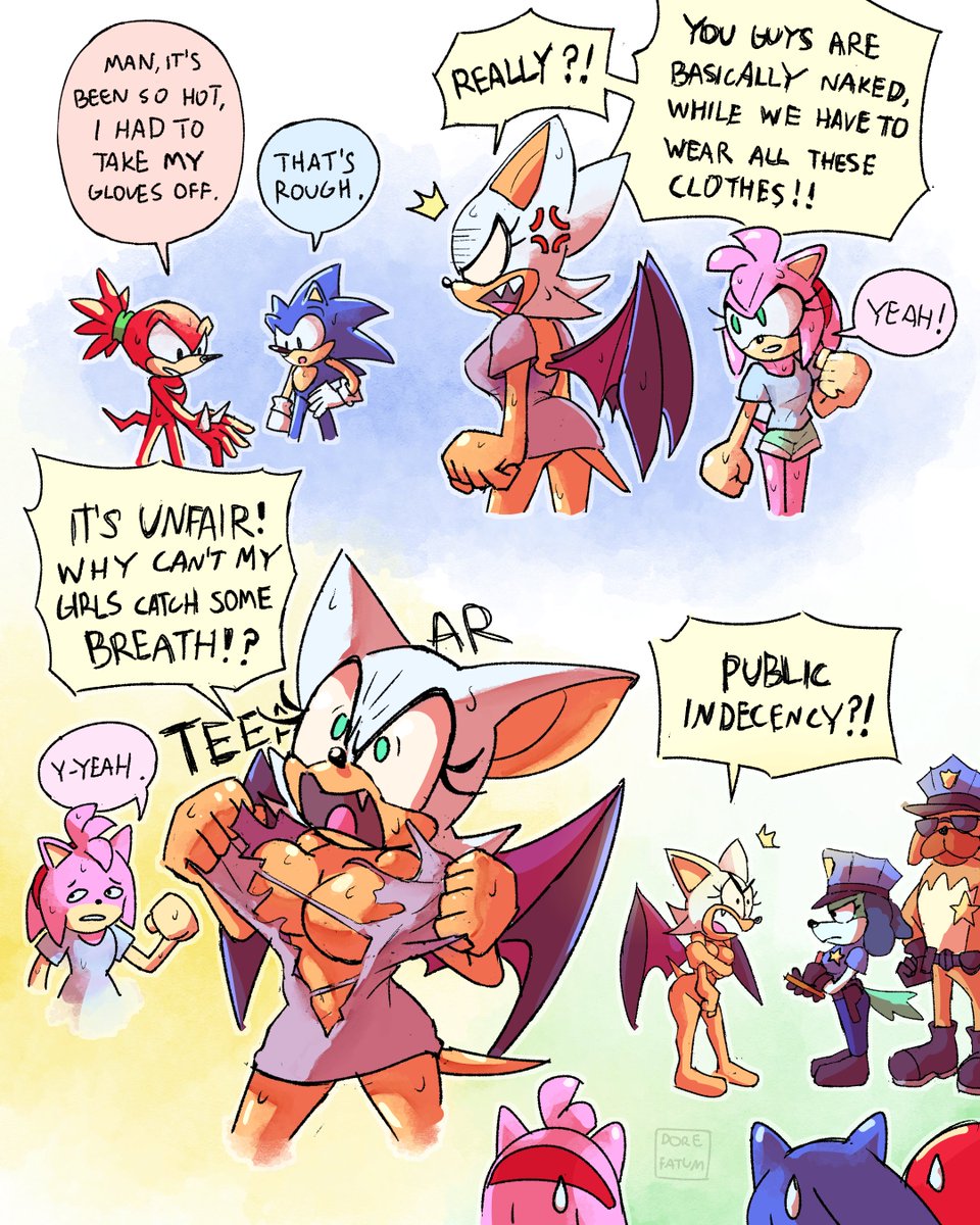 3boys, 3girls, 5 fingers, amy rose, anger vein, angry, angry expression, angry face, anthro, barefoot, bat, bat ears, bat girl, bat wings, beige fur, big breasts, blue fur, blue hair, breasts, breasts out, canid, canid humanoid, canine, cleavage, clothing, comic, convenient censoring, cop, covered nipples, covering breasts, covering crotch, dog, dog ears, dog girl, dog tail, dorefatum, eyelashes, female, glasses, gloves, hair band, hedgehog, hedgehog boy, hedgehog ears, hedgehog girl, hedgehog humanoid, hedgehog tail, humor, knuckles the echidna, male, naked female, naked male, no toes, onomatopoeia, pink fur, pink hair, police, police badge, police hat, police officer, police uniform, policewoman, public, public indecency, public nudity, purple shirt, purple wings, red fur, red hair, red hair band, removing shirt, ripped shirt, ripping clothing, rouge the bat, sharp teeth, simple background, sonic (series), sonic the hedgehog, sonic the hedgehog (series), sunglasses, sweat, sweatdrop, sweaty, sweaty body, sweaty breasts, sweaty thighs, tail, taking clothes off, taking shirt off, teal eyes, teal fur, tearing clothes, tearing clothing, tearing off clothes, tearing open top, text, text bubble, torn clothes, torn clothing, torn shirt, two-tone body, white gloves, white hair, wings
