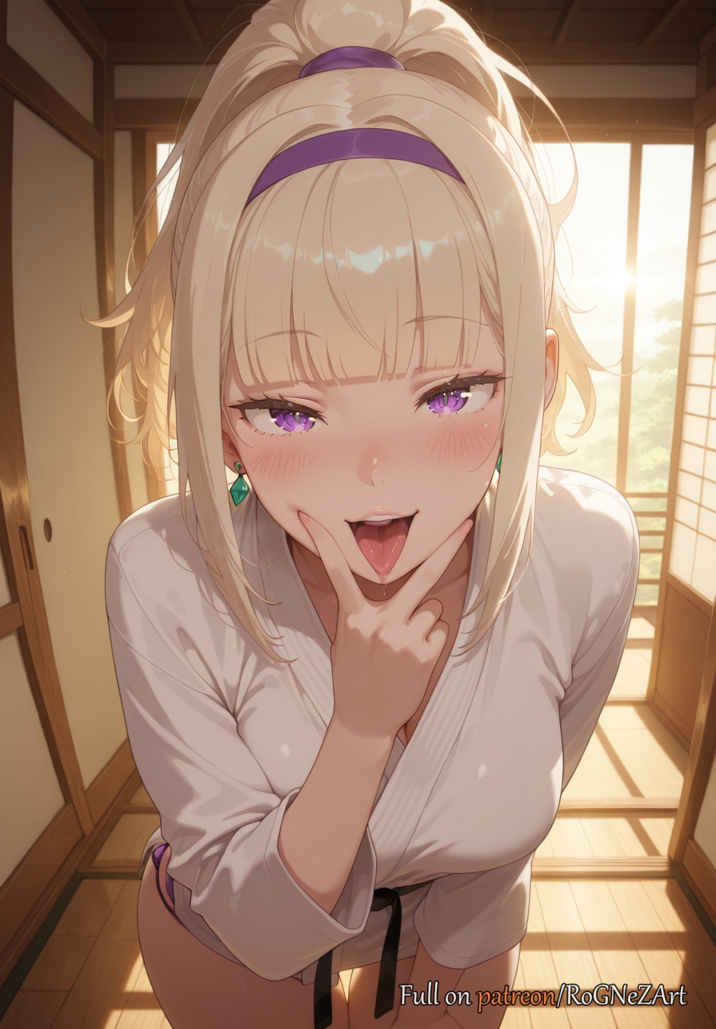 2025, ai generated, anime, bangs, bathrobe, blonde hair, blunt bangs, blush, breasts, cleavage, close up, close up face, close up view, close-up, closeup, closeup view, collarbone, crossover, dougi, earrings, emilia (re:zero), eye contact, face close up, face close-up, face closeup, face focus, female, female focus, female only, flushed, hair accessory, hairband, highres, huge breasts, indoors, inside, jewelry, large breasts, leaning forward, long hair, looking at viewer, moaning, mouth close up, mouth close-up, mouth closeup, open mouth, open mouth tongue out, open mouth tongue-out, panties, patreon, patreon logo, patreon username, ponytail, purple eyes, purple panties, re:zero kara hajimeru isekai seikatsu, rognezart, saliva, sidelocks, sliding doors, smile, smiling, solo, teeth, tongue, tongue out, tongue out open mouth, underwear, v, very long hair, watermark, web address