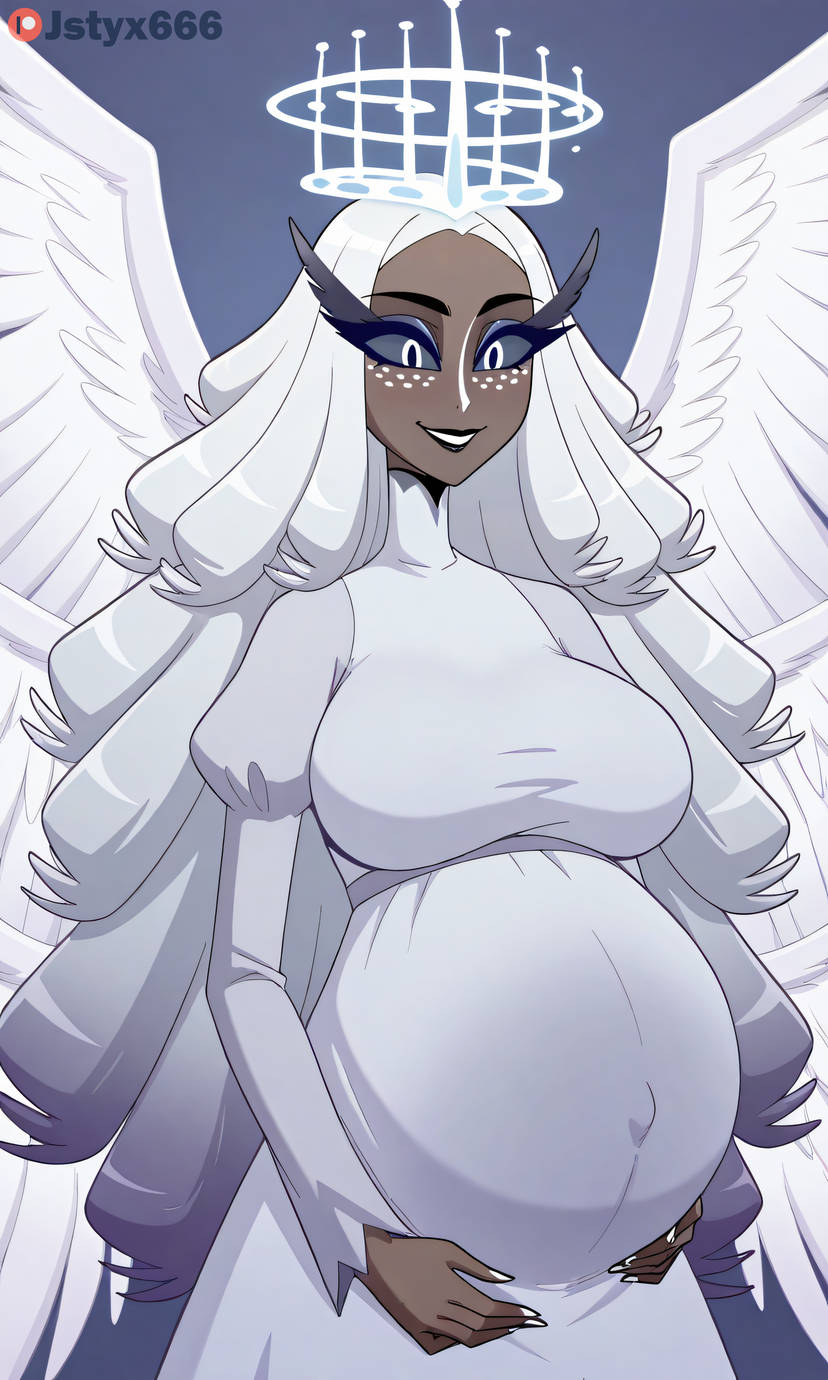 1girls, adult, adult female, ai generated, angel, angel girl, busty, busty female, dark-skinned female, female, hazbin hotel, hellaverse, jstyx666, mature female, milf, mother, pregnant, pregnant female, sera (hazbin hotel), seraph, seraph (angel), seraphim, seraphim angel, vivienne medrano, vivziepop