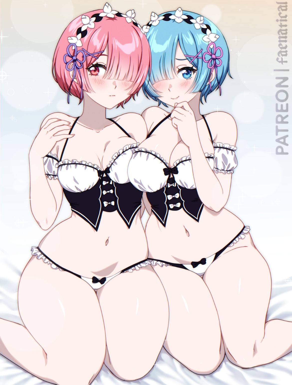 blue hair, blush lines, breasts to breasts, curvy hips, elfoppai, faenatical, female, female only, hair over one eye, midriff, panties, petite breasts, ram (re:zero), re:zero kara hajimeru isekai seikatsu, red hair, rem (re:zero), short hair, sisters, skimpy clothes, small breasts, thick thighs, tummy
